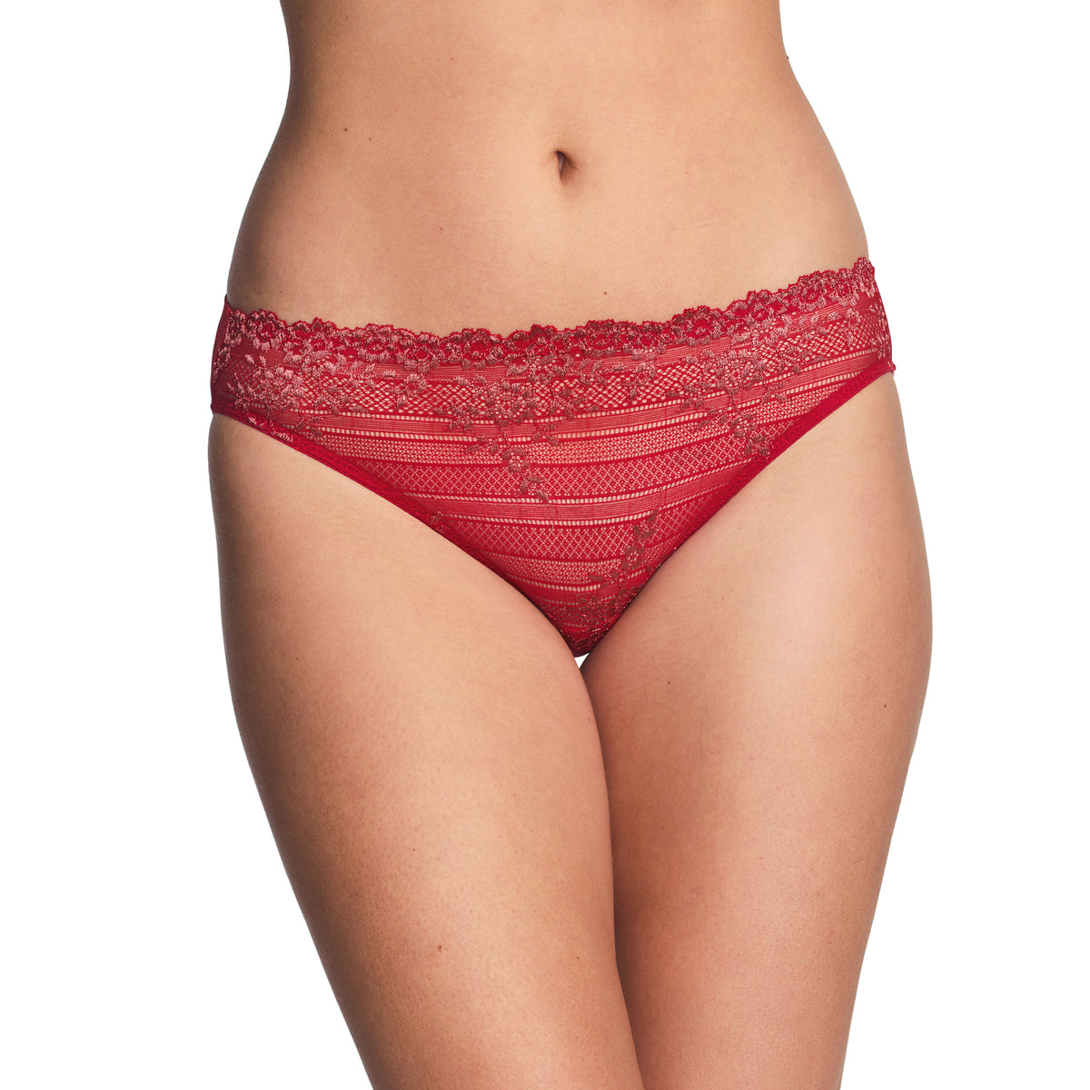 Red bikini brief with intricate sheer lace, floral embroidery and delicate striped detailing across the front.
