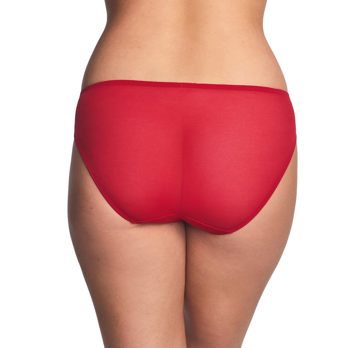 Red bikini brief with a smooth sheer mesh back and clean, comfortable edges.