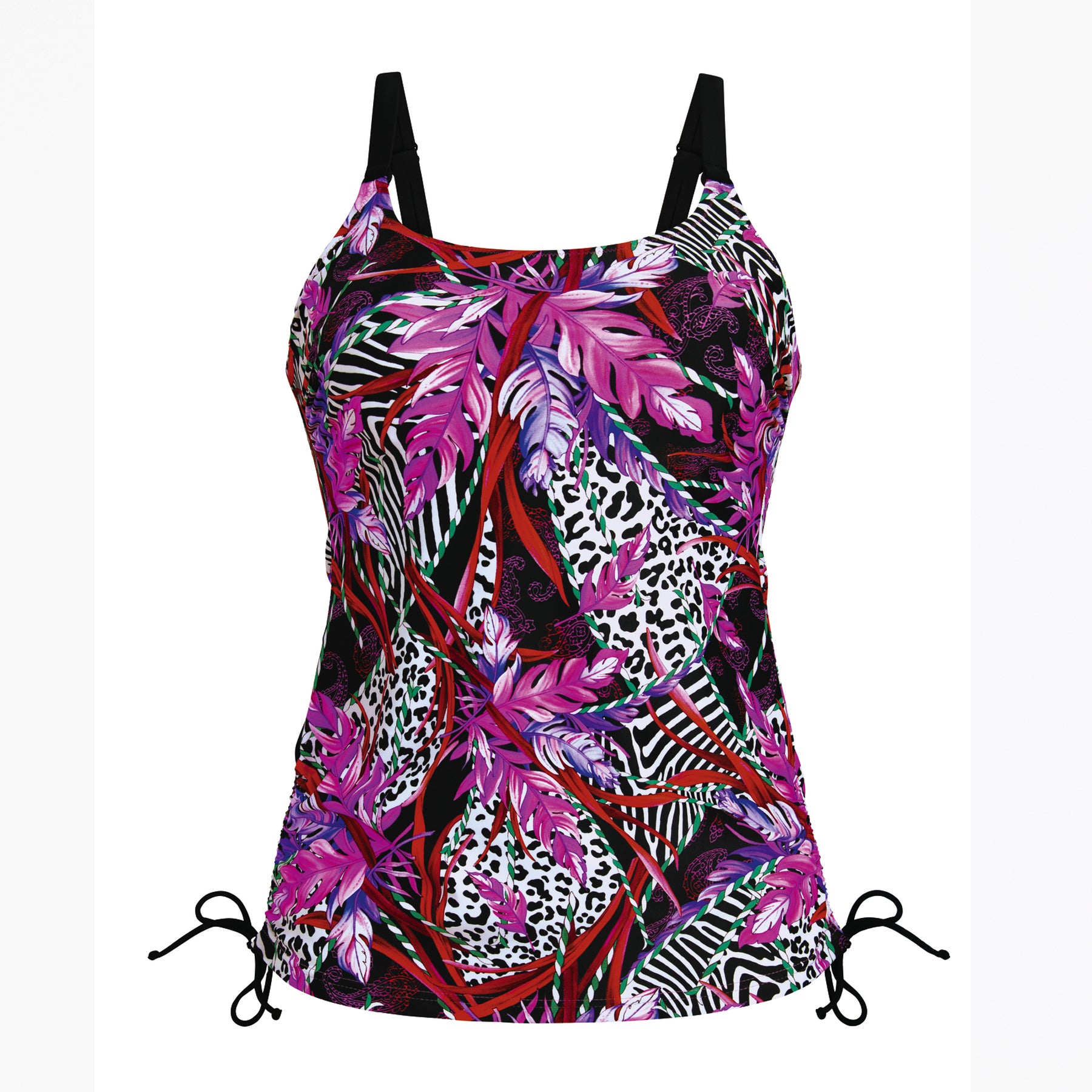 Tropical print tankini top laid flat, featuring floral, zebra, and abstract patterns with side ties.