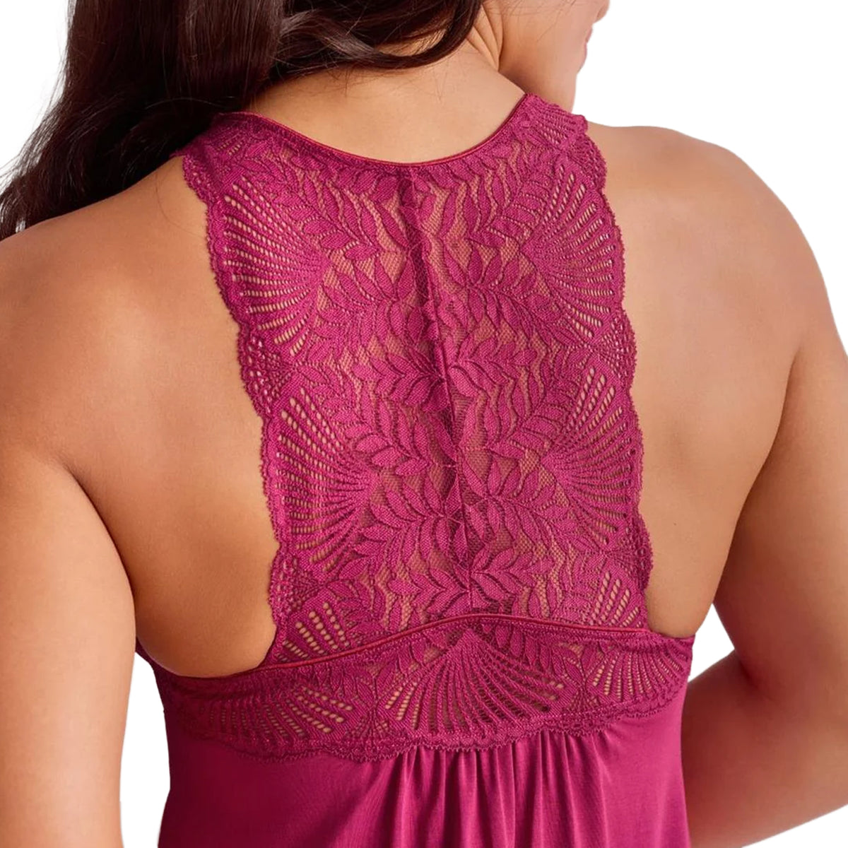 Close-up of dark cherry chemise highlighting the intricate floral lace racerback and scalloped lace edges.