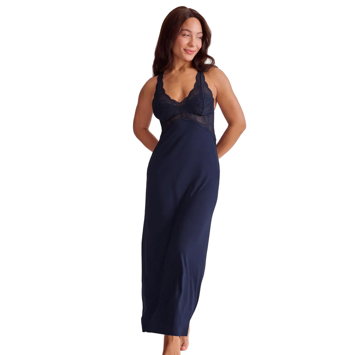 Model wearing an ink navy blue sleeveless long nightgown with delicate lace detailing at the bust and a relaxed silhouette, front view.