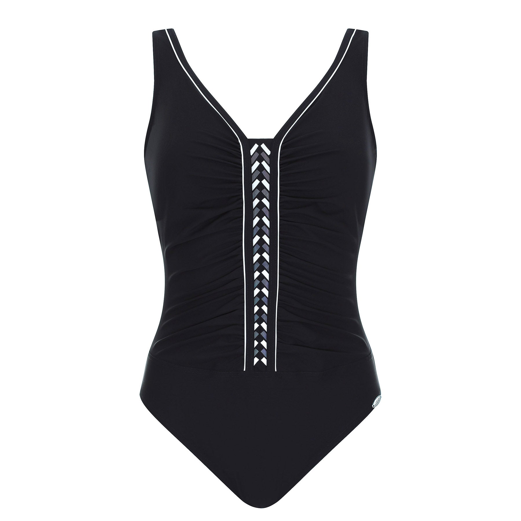 Black one-piece swimsuit with ruched front and contrasting chevron trim along the deep V-neckline, designed for a flattering and elegant beach look