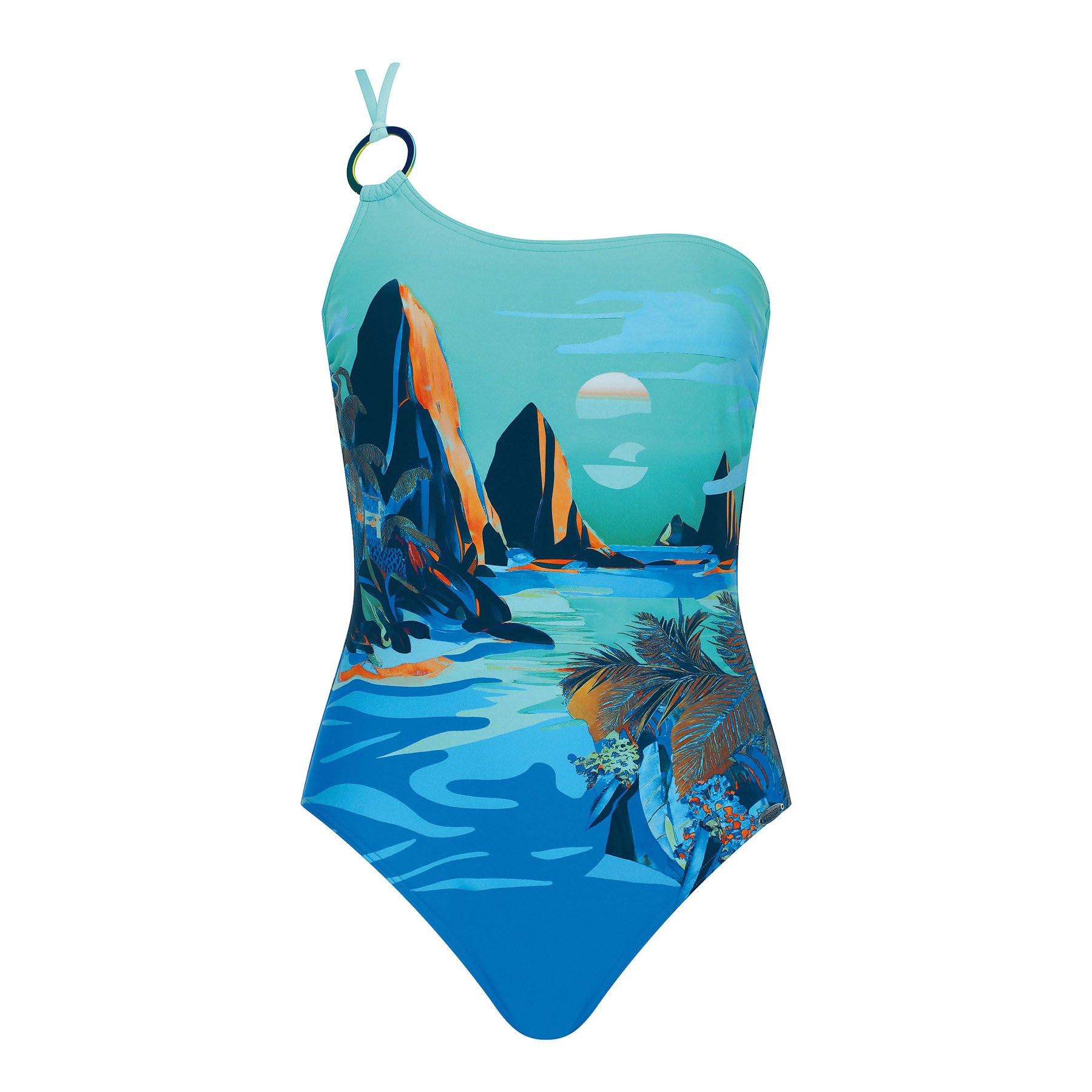 One-shoulder turquoise swimsuit featuring a scenic tropical island print with palm trees, ocean waves, and sunset hues in blue and coral tones.