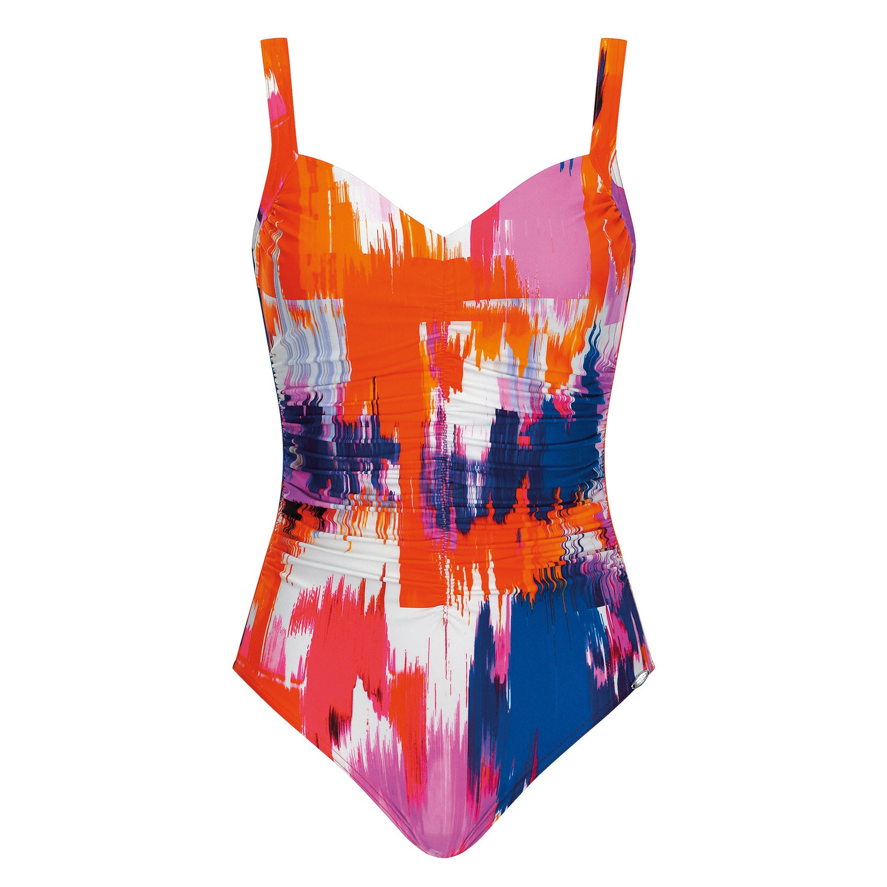 Colourful one-piece swimsuit featuring an abstract painterly pattern in shades of orange, pink, blue, and white with flattering ruched detailing.