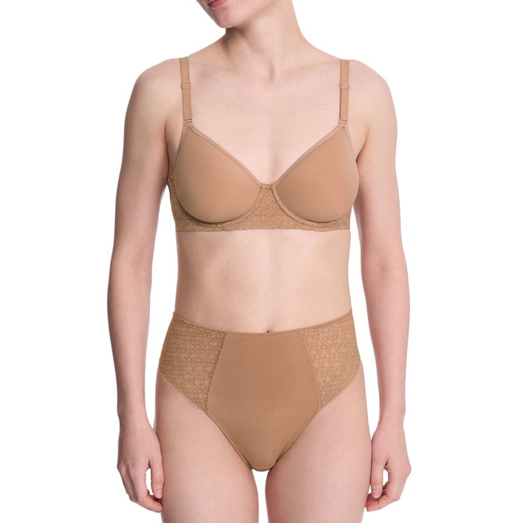 Model wearing buff spacer bra and coordinating high-rise brief with lace inserts.