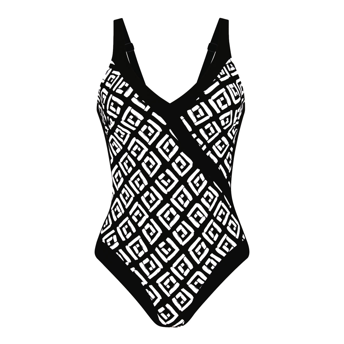 Black and white geometric print one-piece swimsuit with contrasting black V-neckline, side panels and adjustable straps.