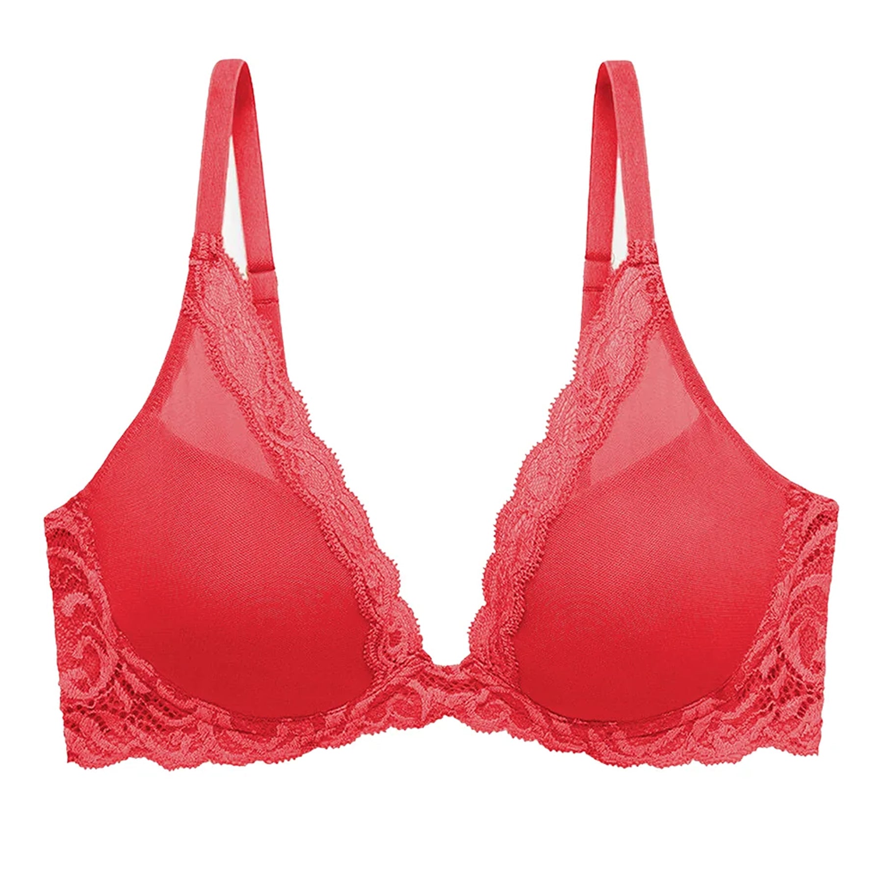 Red lace bra on a white background