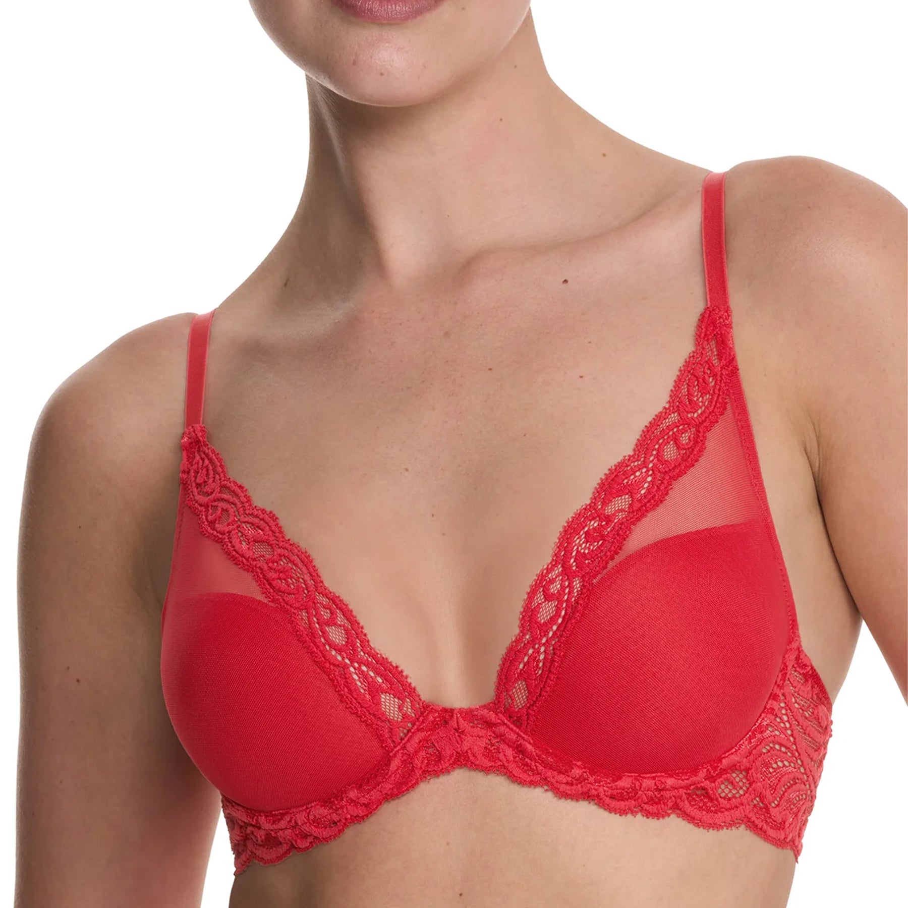 Red lace bra on a white background
