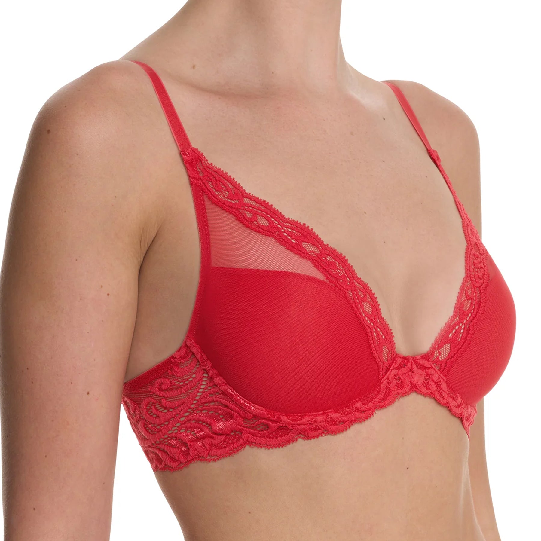 Red lace bra on a white background