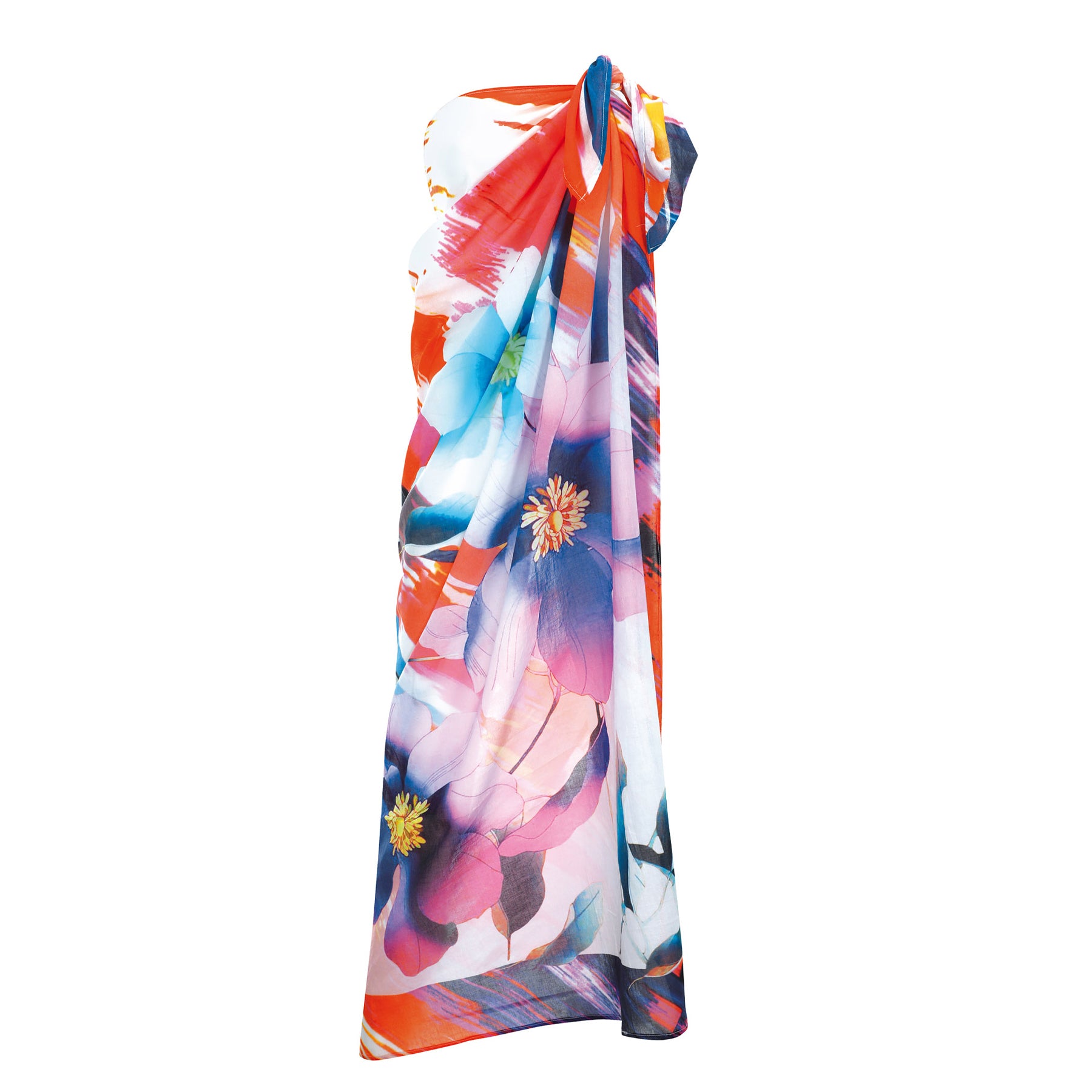 Colourful floral beach pareo featuring large blue and pink blossoms with orange and purple brushstroke accents on lightweight sheer fabric.
