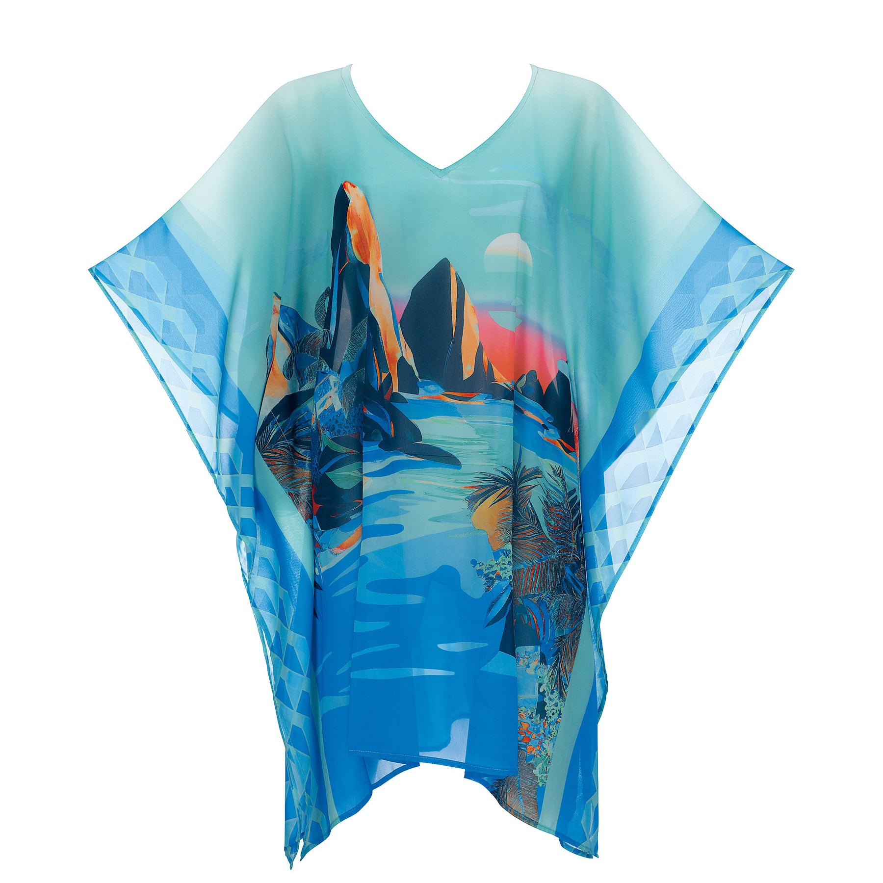 Flowy turquoise beach kaftan featuring a vibrant tropical landscape print with mountains, palm trees, and sunset hues in orange and blue tones.