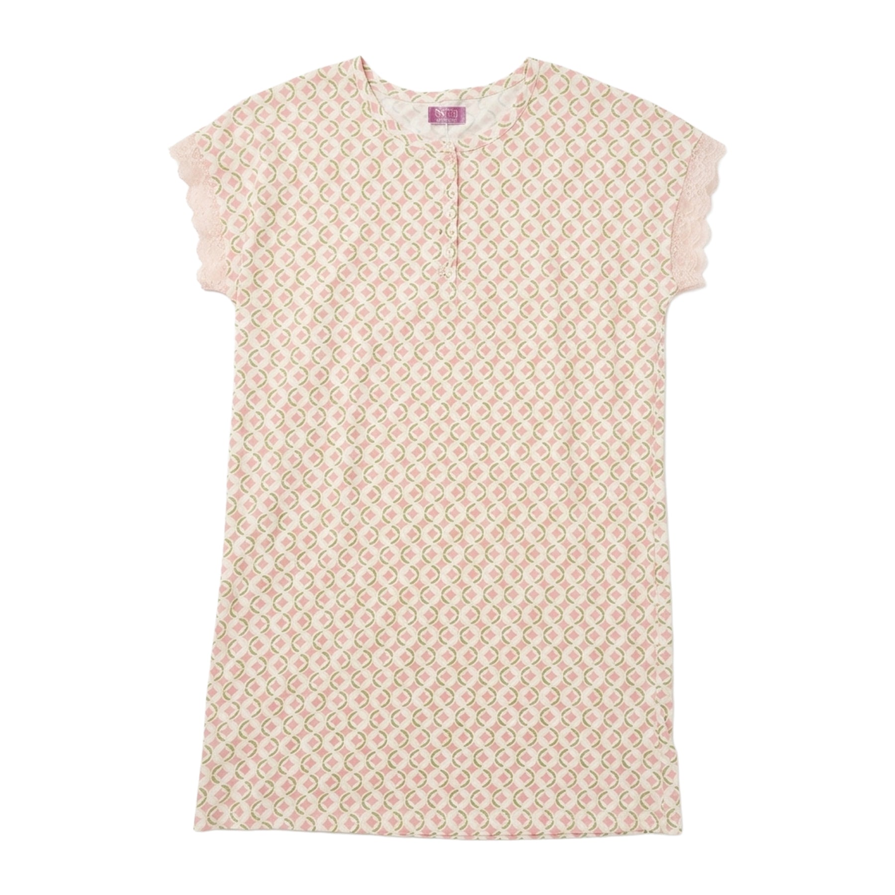 Lincalor chemise in a soft pink and green geometric print with delicate blush lace-trimmed short sleeves and a button neckline.