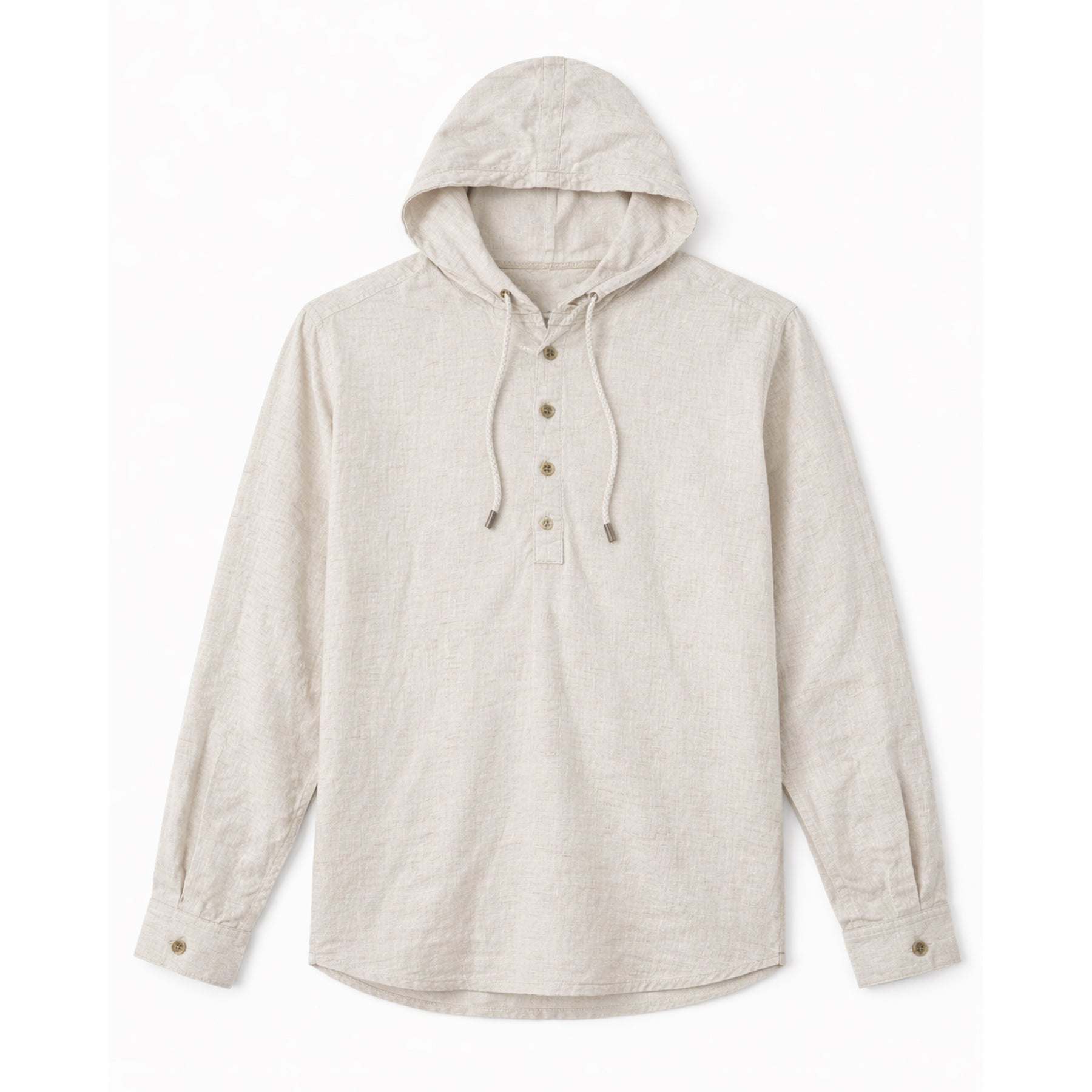 Men’s light beige hooded linen shirt with long sleeves, button placket, and adjustable drawstring hood on white background.