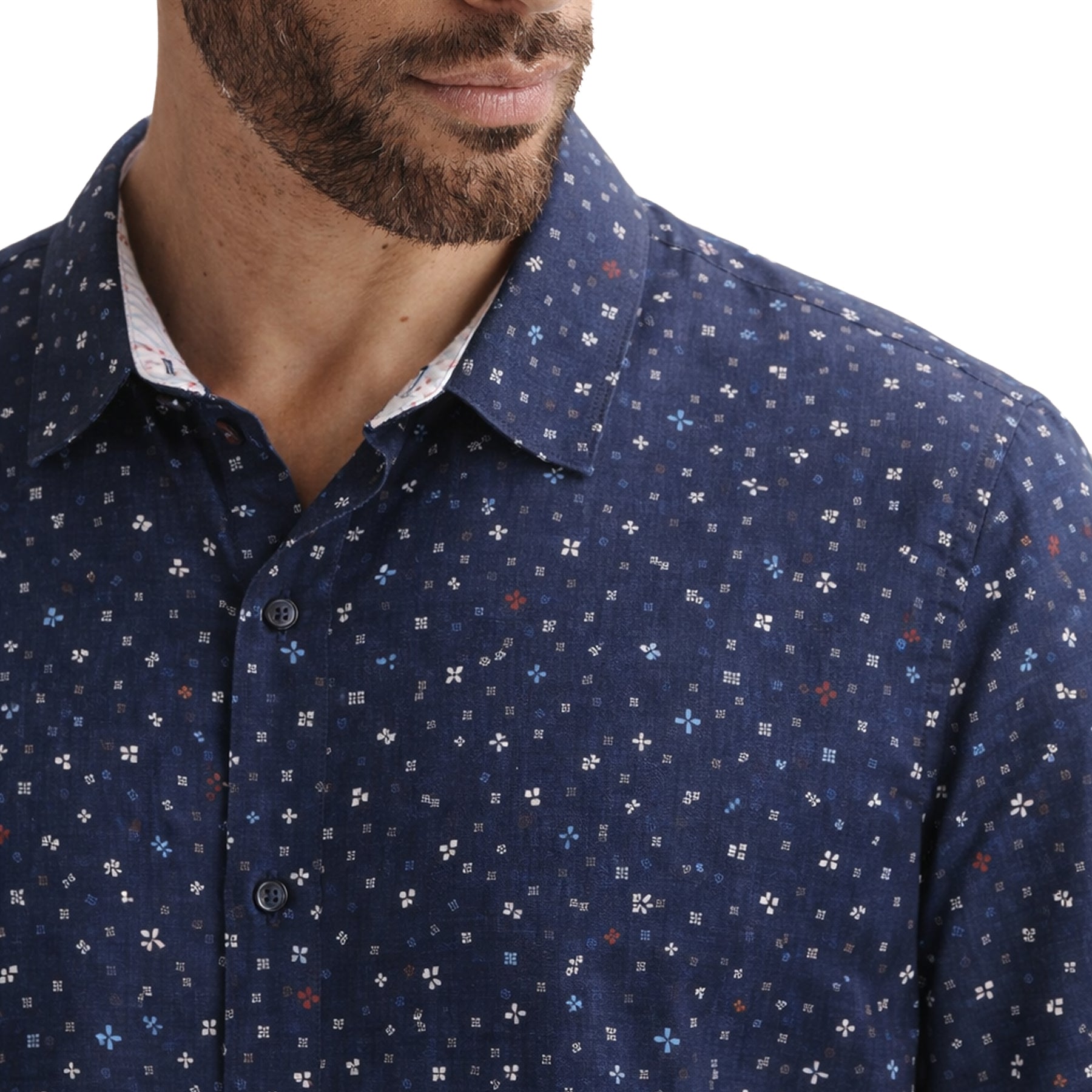 Close-up of navy micro-print shirt collar and fabric texture