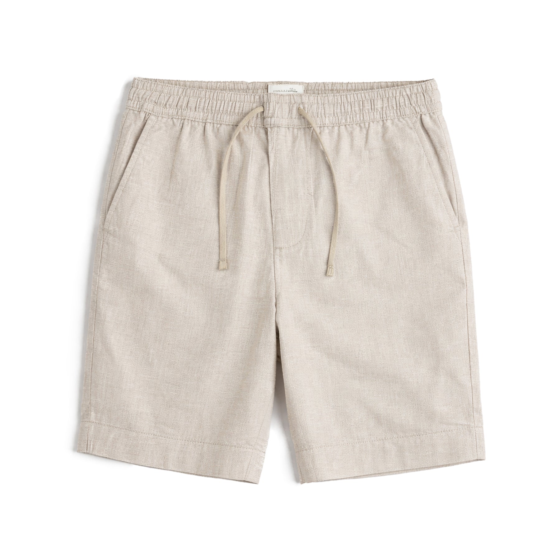 Men’s beige linen shorts with elastic waistband and drawstring on white background.