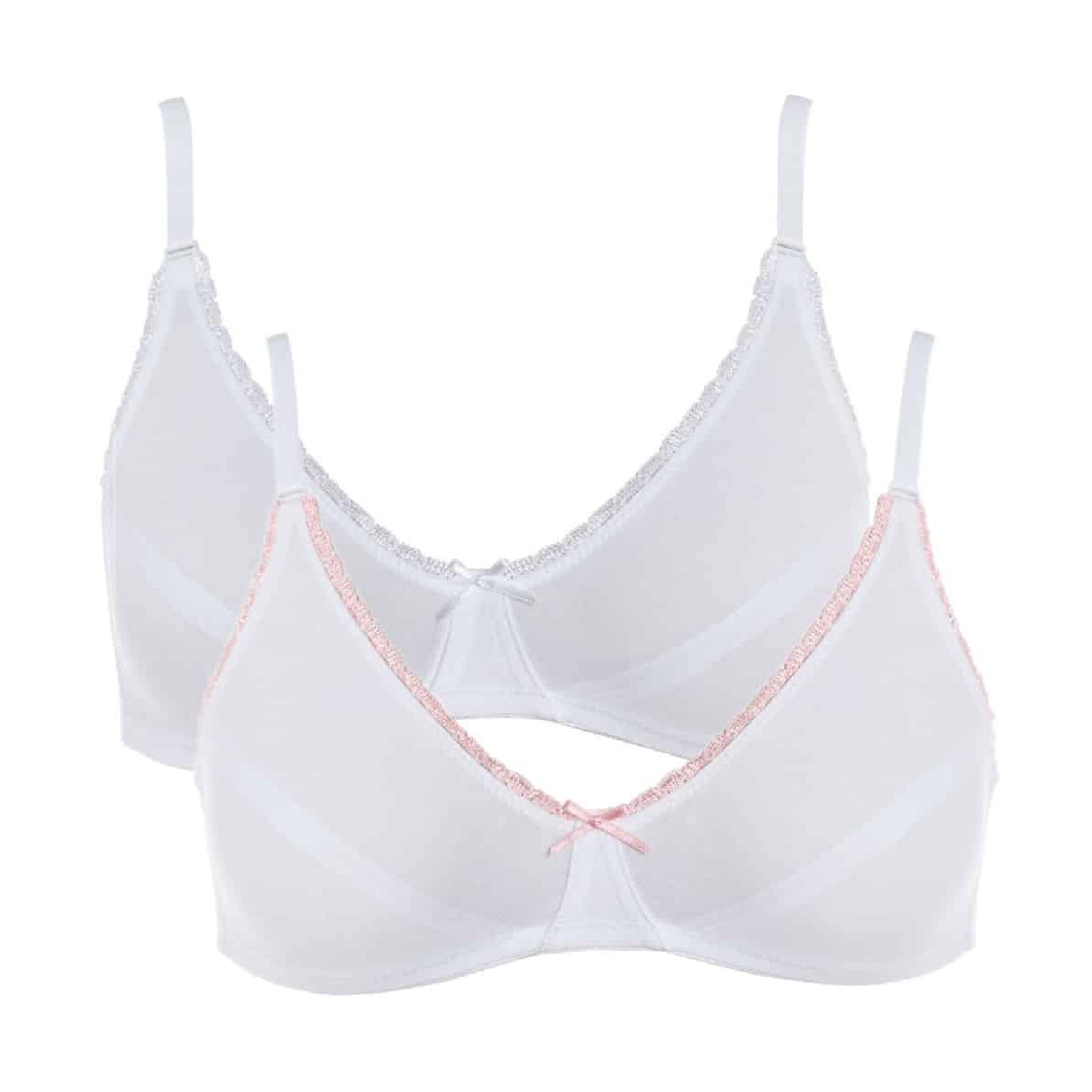 Pack of two white triangle bras with lace trim and satin bow detail, one with pink lace, one with white lace.
