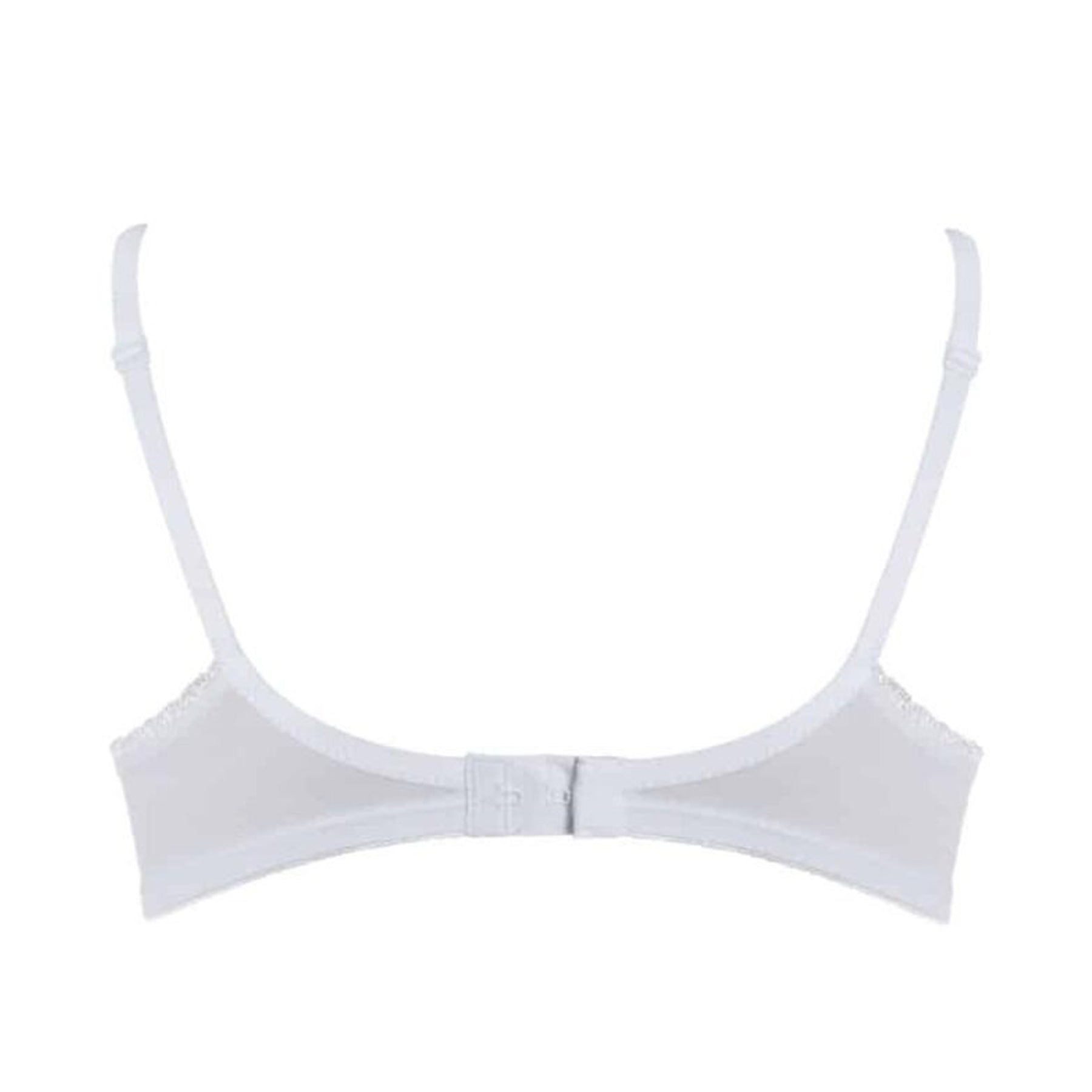 White triangle bra with adjustable straps and hook-and-eye closure.