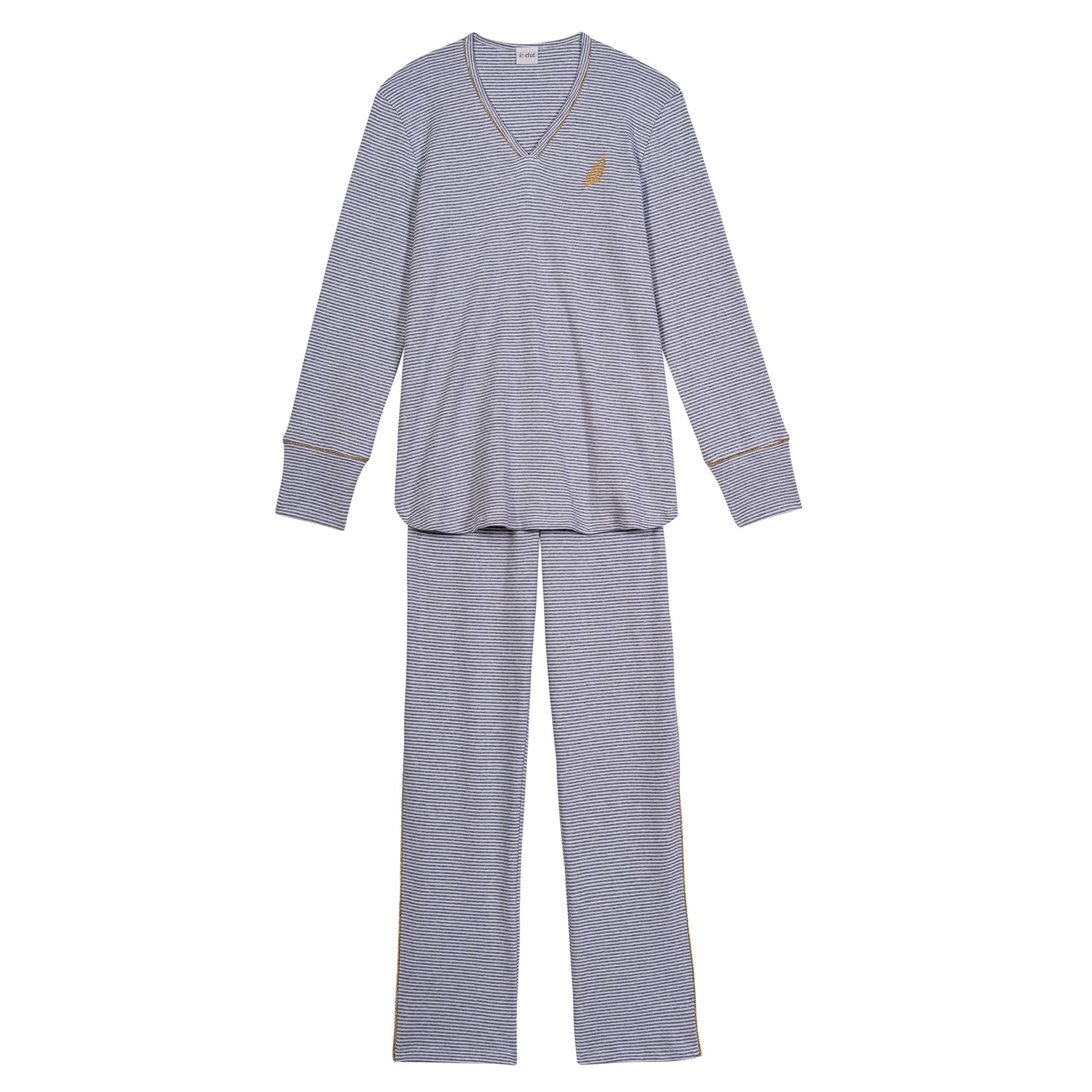 A grey pajamas from Le Chat laying flat.