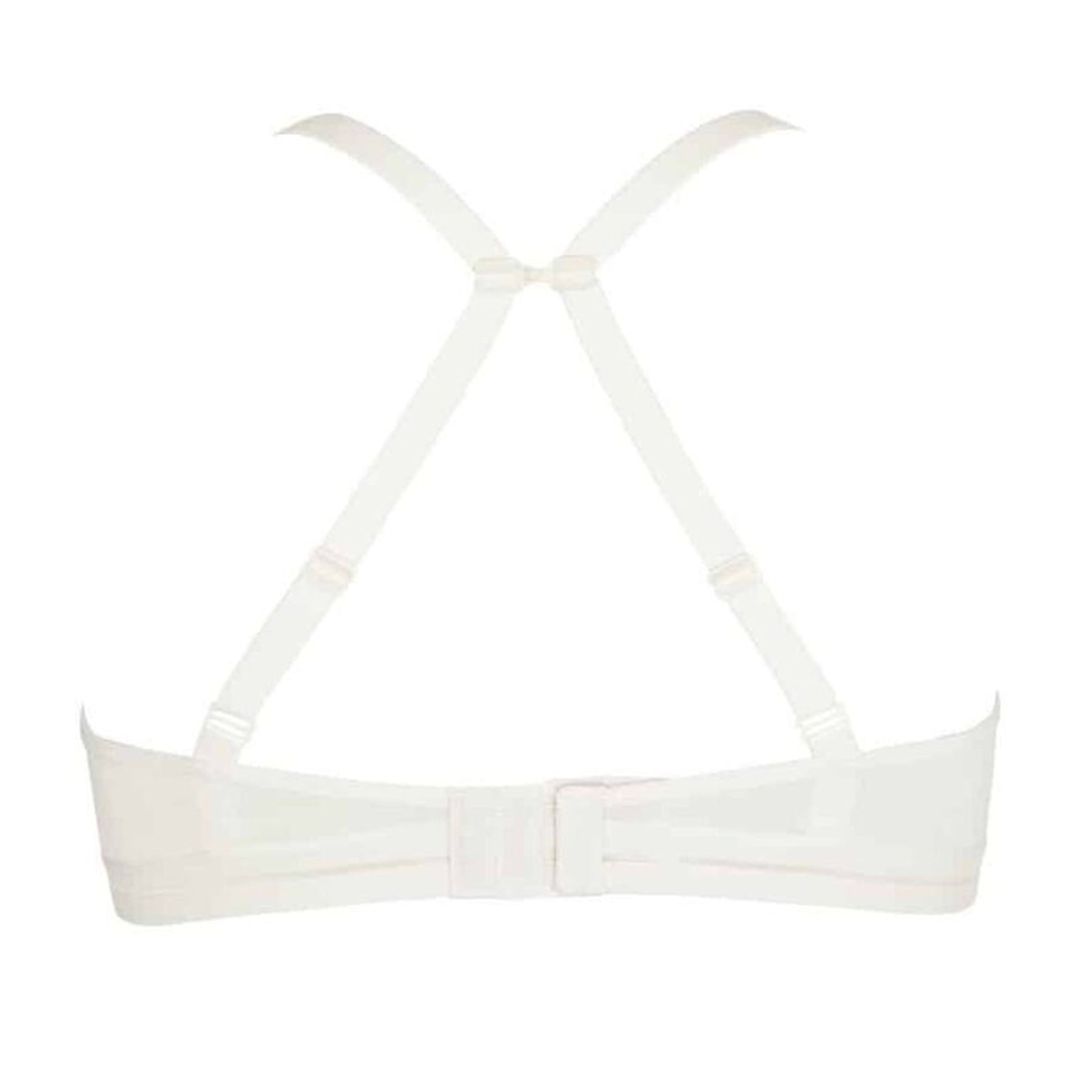 White bra with straps crossed into racerback style.