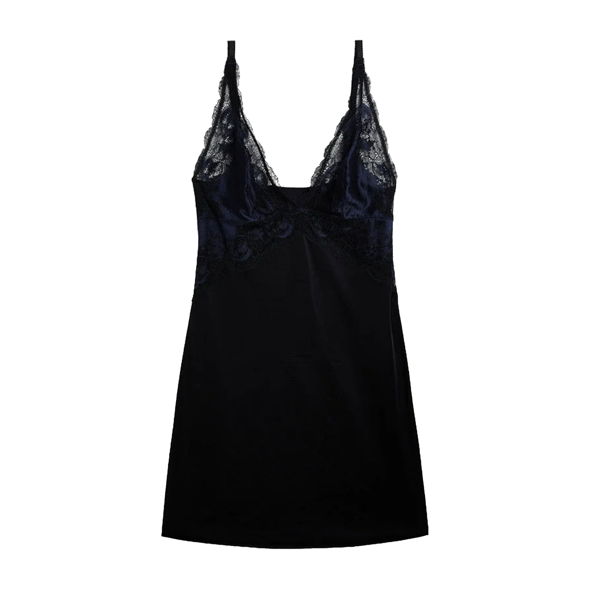 Wacoal black chemise with navy floral lace bodice, deep V-neckline, adjustable straps and a soft microfiber body.