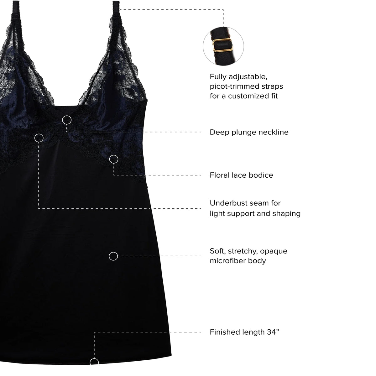 Wacoal black chemise featuring adjustable straps, deep plunge neckline, floral lace bodice, supportive underbust seam and soft stretch microfiber.