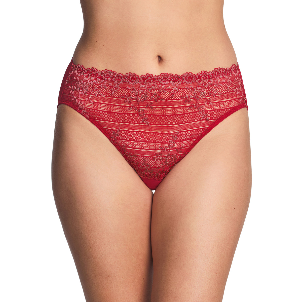 Wacoal red brief featuring intricate floral lace, sheer striped detailing and a scalloped lace waistband.