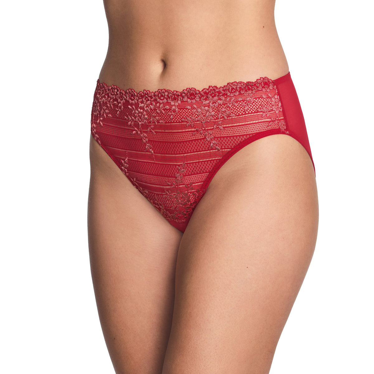 Wacoal red lace brief with floral embroidery, sheer striped detailing and a smooth mesh back.
