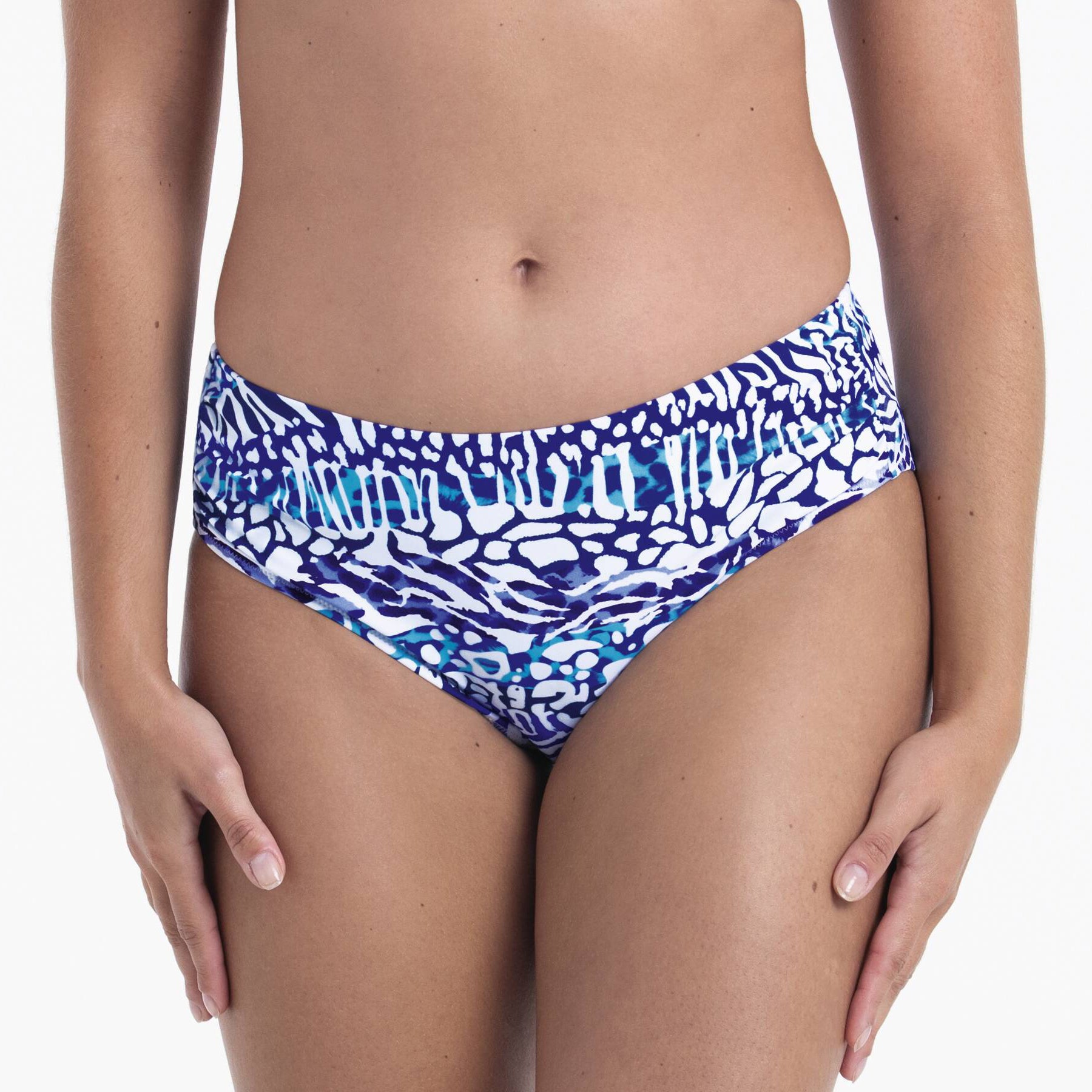 Close-up front view of blue and white abstract print bikini bottom on model.