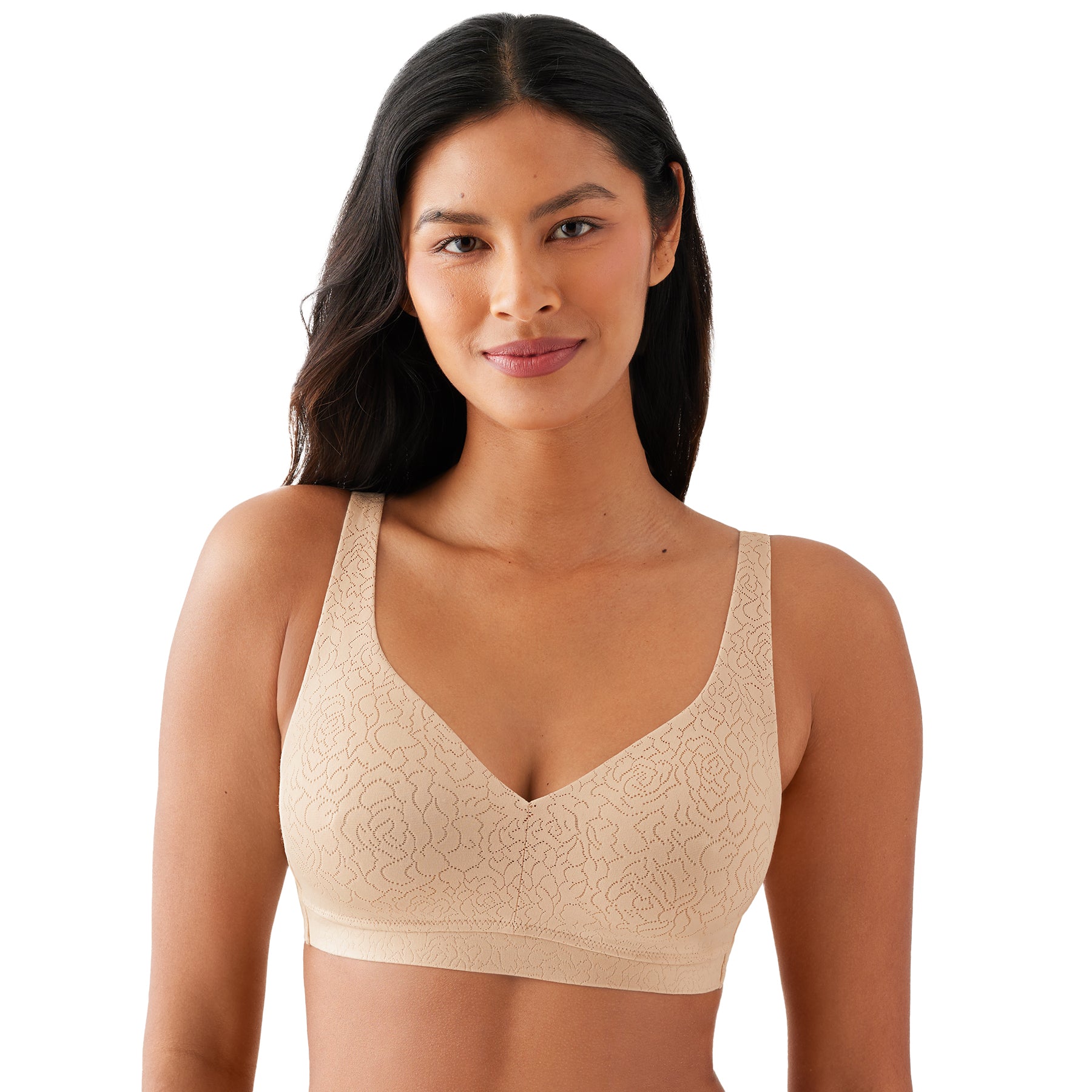 Front view of seamless nude wireless bra with floral lace design and V-neckline