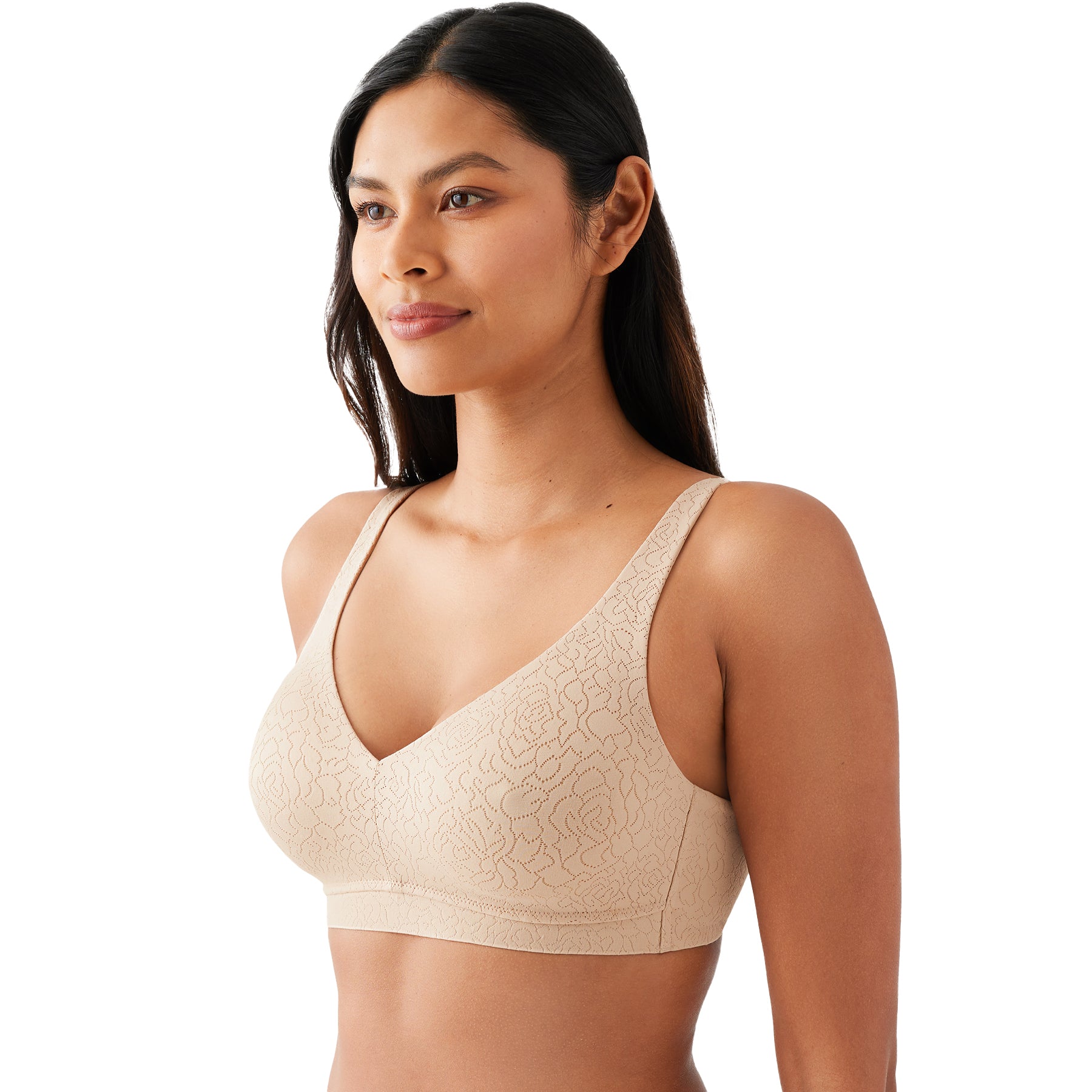 Side view of seamless nude wireless bra featuring floral lace texture and soft cups