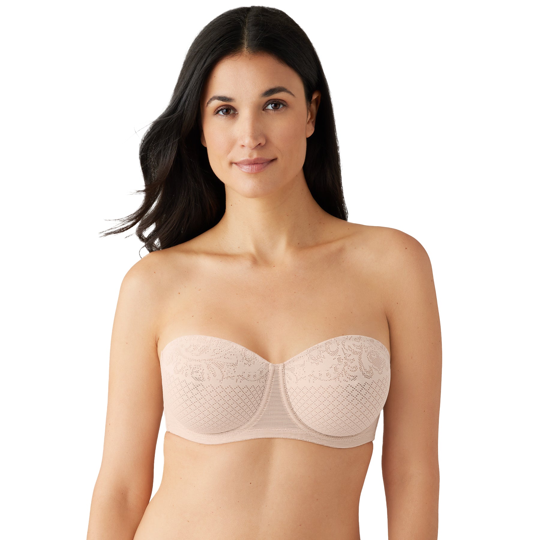 Front view of strapless nude bra with underwire support and floral lace detailing