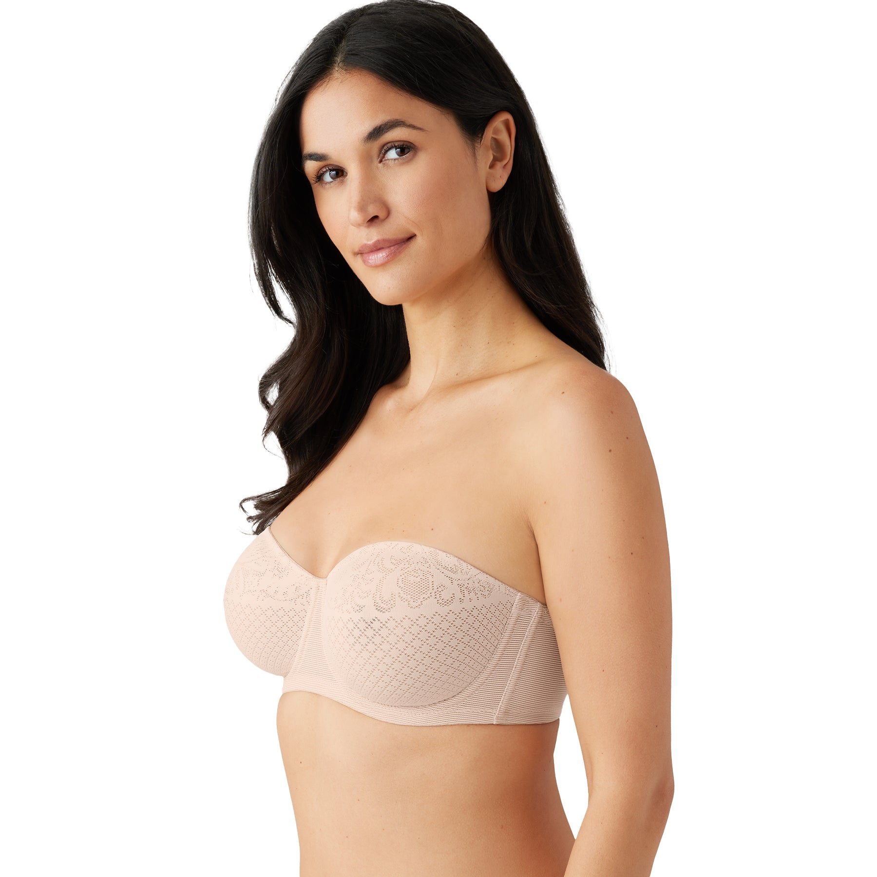 Side view of strapless nude bra featuring smooth cups with lace overlay and structured fit