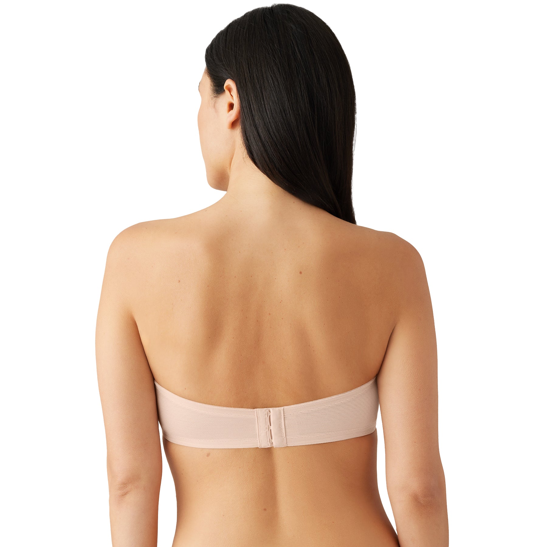 Back view of strapless nude bra with hook-and-eye closure and seamless band