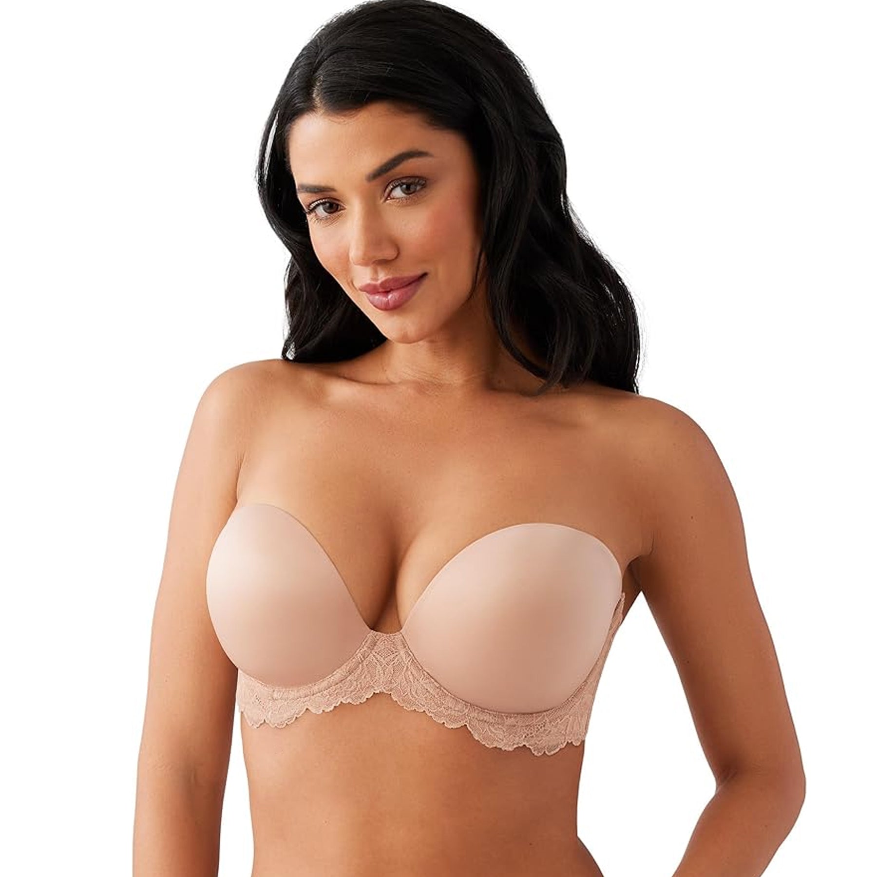 Strapless nude push-up bra with smooth moulded cups and lace band detail, front view on model