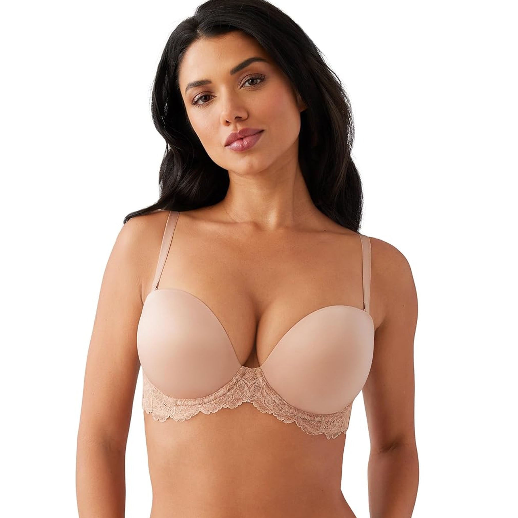 Nude strapless bra with detachable straps attached, smooth padded cups and lace underband, front view