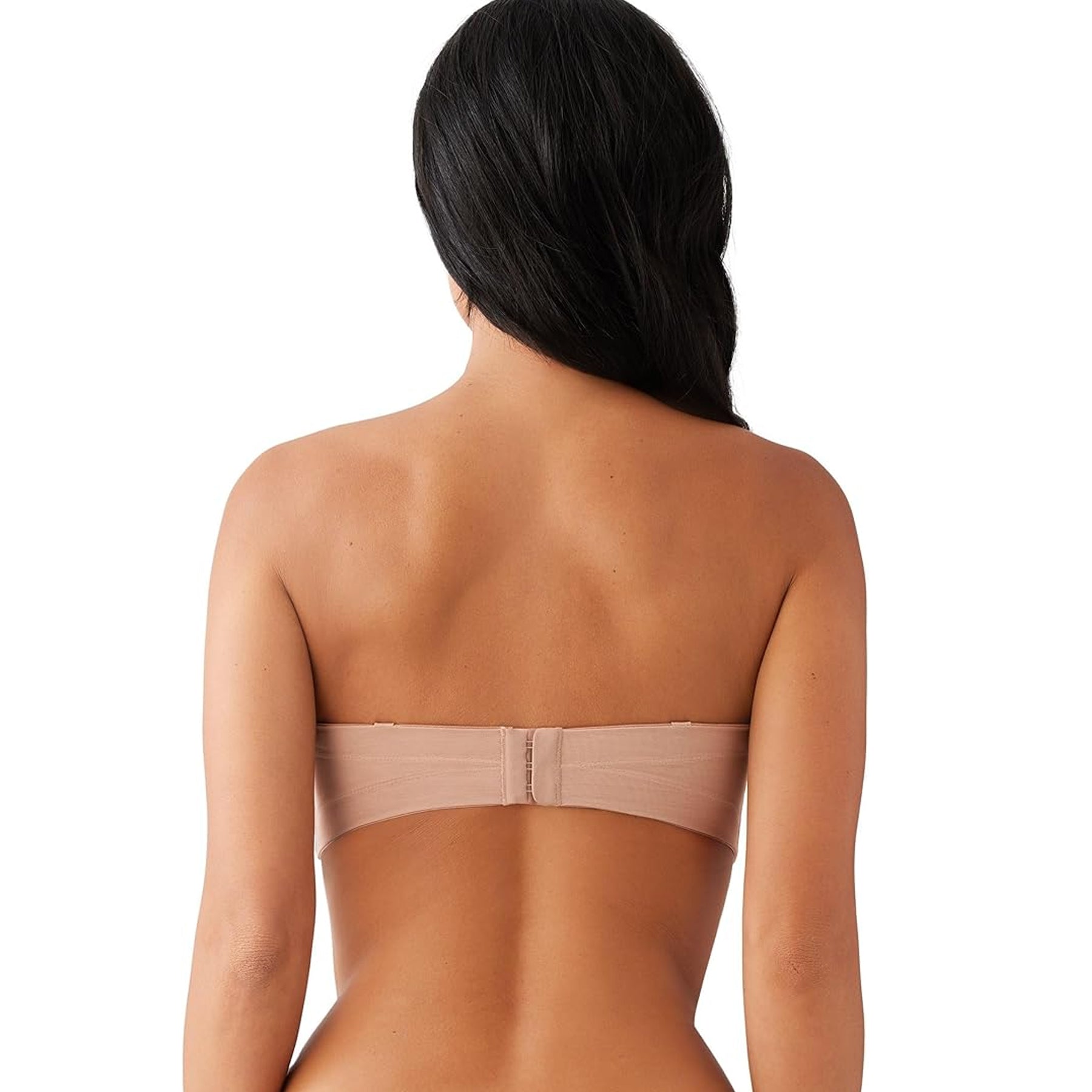 Back view of strapless nude bra with wide supportive band and hook-and-eye closure