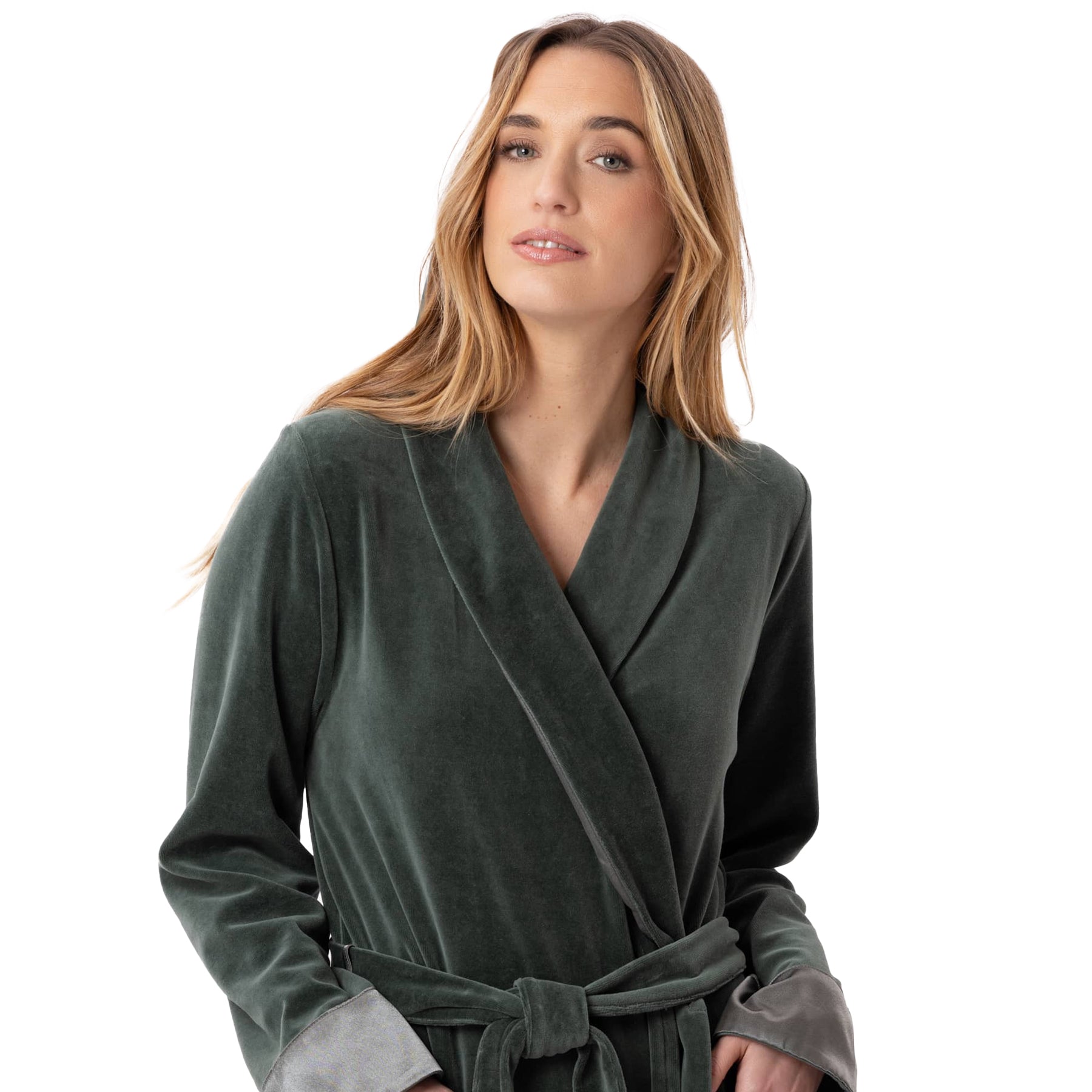 A closer look of the woman showing a green robe.