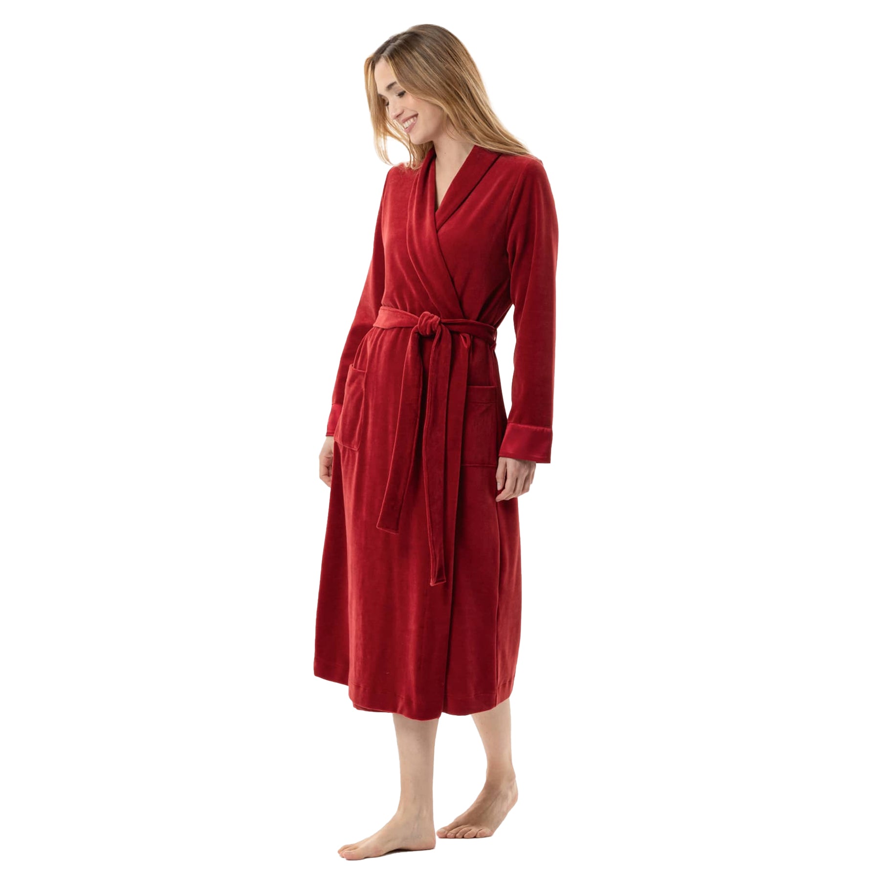 A side look at the woman showing a red robe.