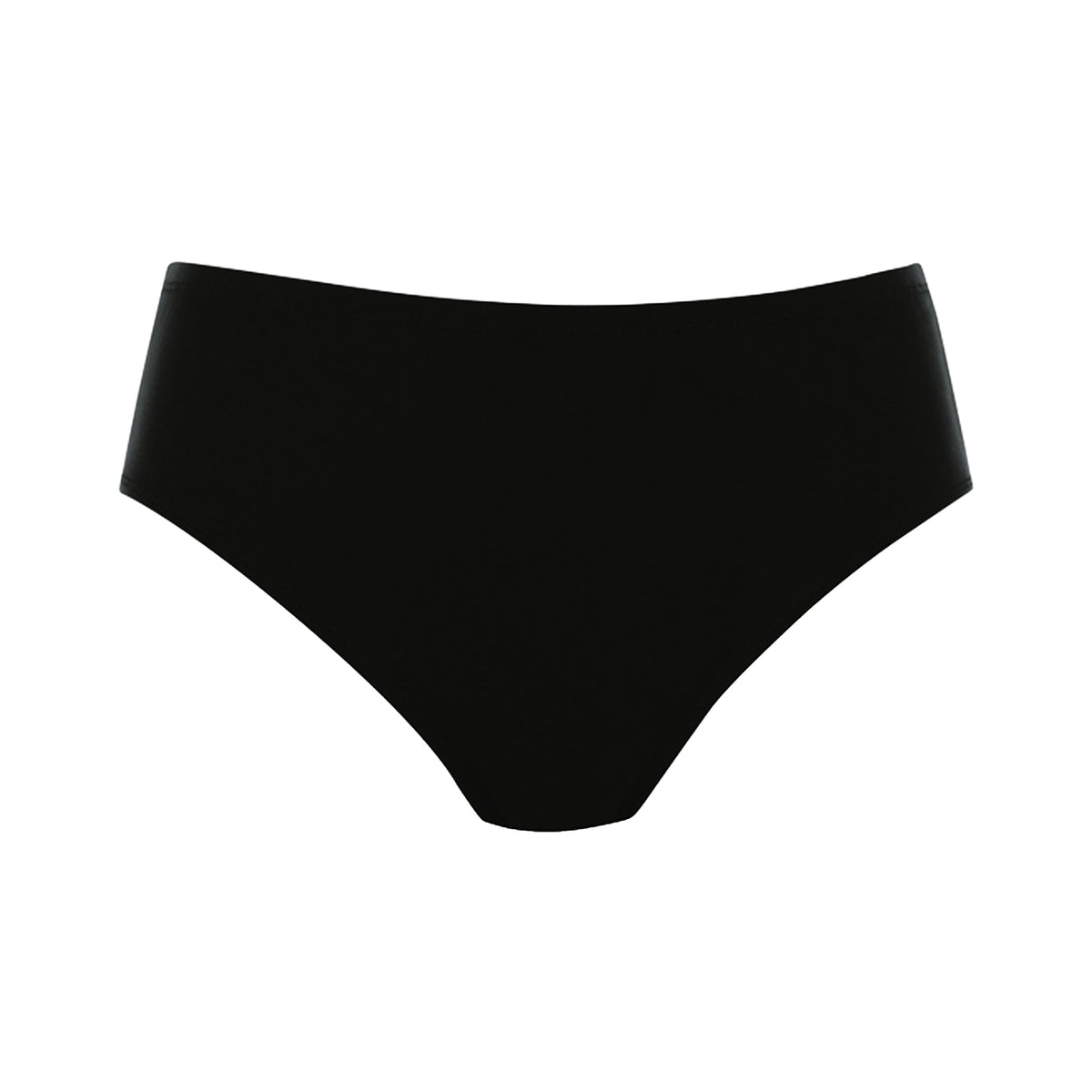 Black mid-rise bikini bottom with a simple, smooth silhouette, front product view.