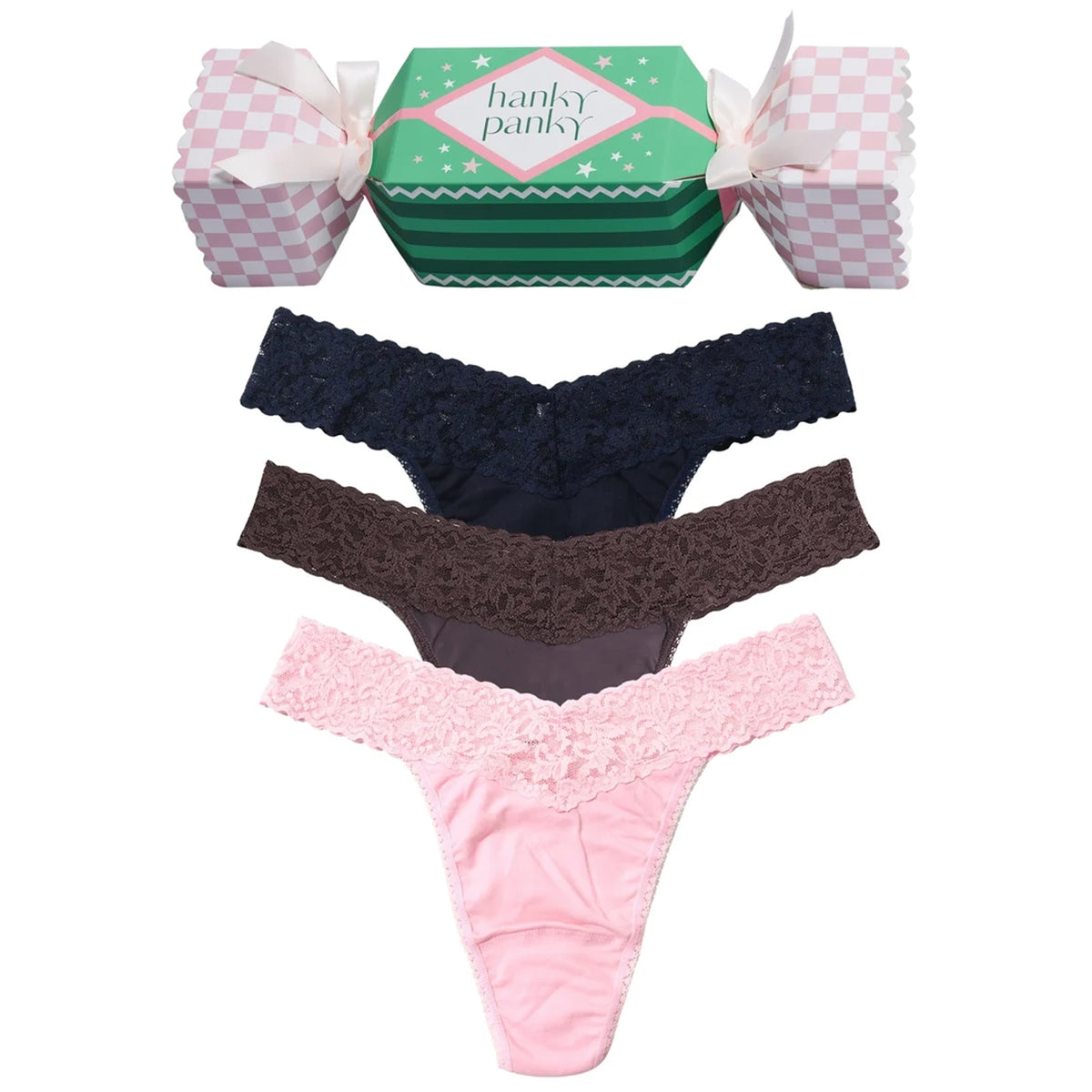 Hanky Panky Supima Cotton Original Rise Thong three-pack in Navy, Dusk, and Bliss Pink, featuring soft cotton fronts and wide floral lace waistbands, displayed with festive Christmas cracker gift packaging.