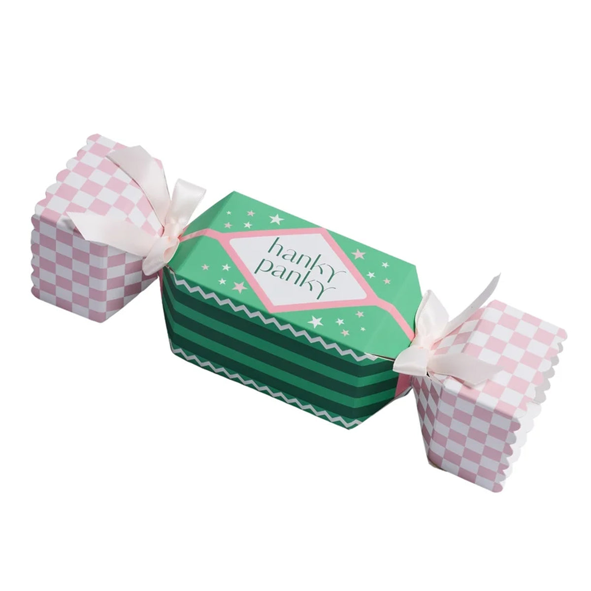 Hanky Panky Supima Cotton Original Rise Thong three-pack Christmas cracker gift box, featuring green stripes, pink and white checkered ends, decorative stars, and white satin ribbon bows.
