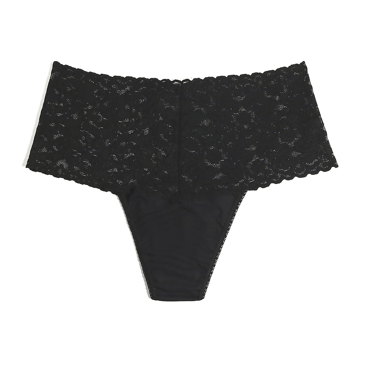 Black floral lace boyshort panties with a wide lace waistband and soft fabric gusset, shown flat against a white background.