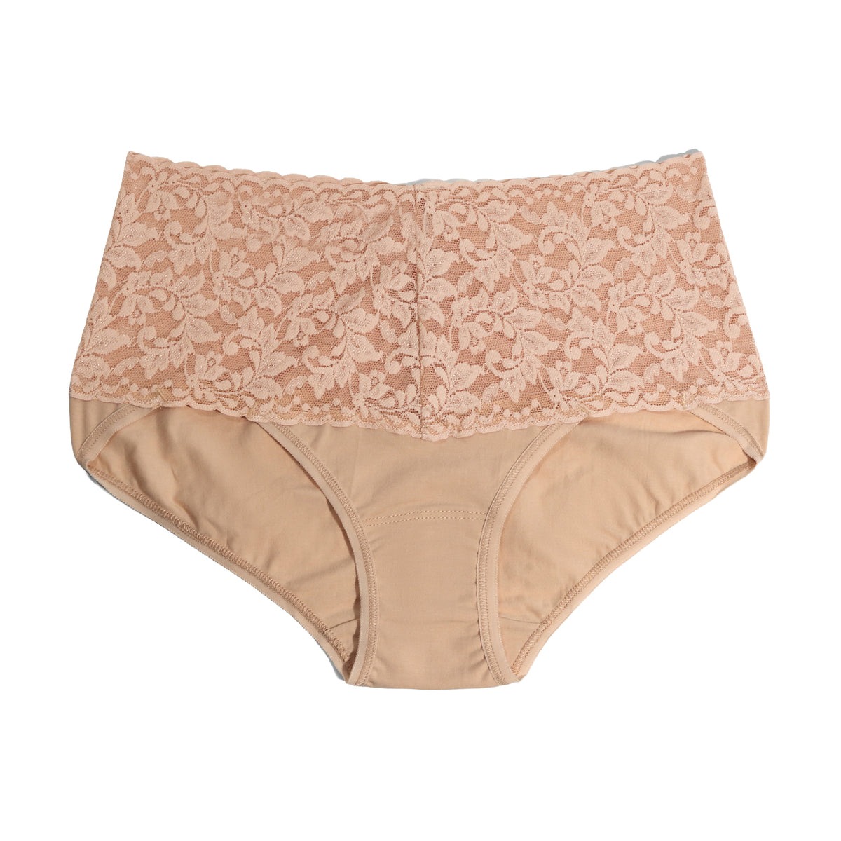 Chai nude high-waist panties with a wide floral lace waistband and smooth full-coverage front.