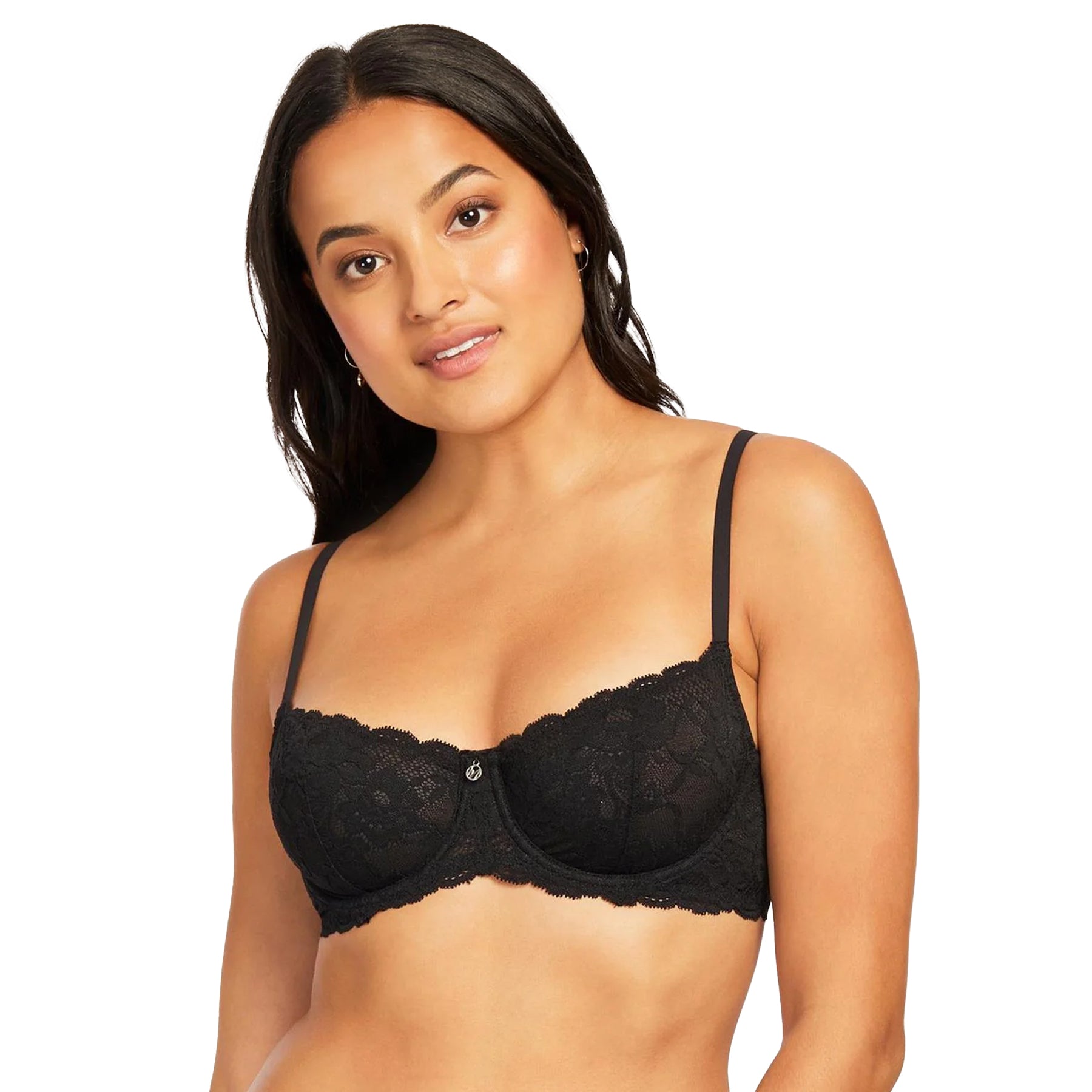 Black lace balconette bra on model front view, delicate floral lace cups with thin adjustable straps
