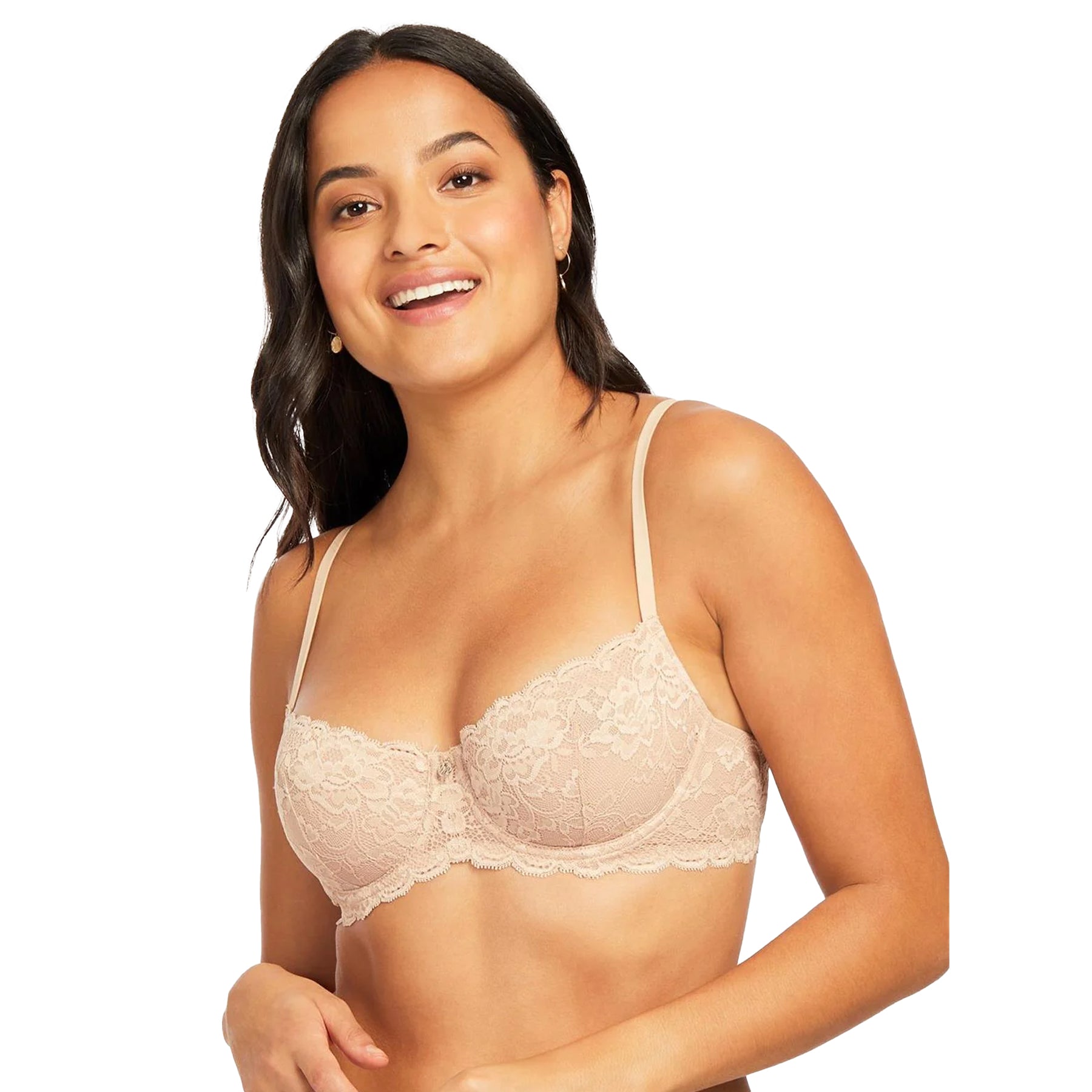 Model wearing sand beige lace balconette bra with underwire support and scalloped floral lace cups