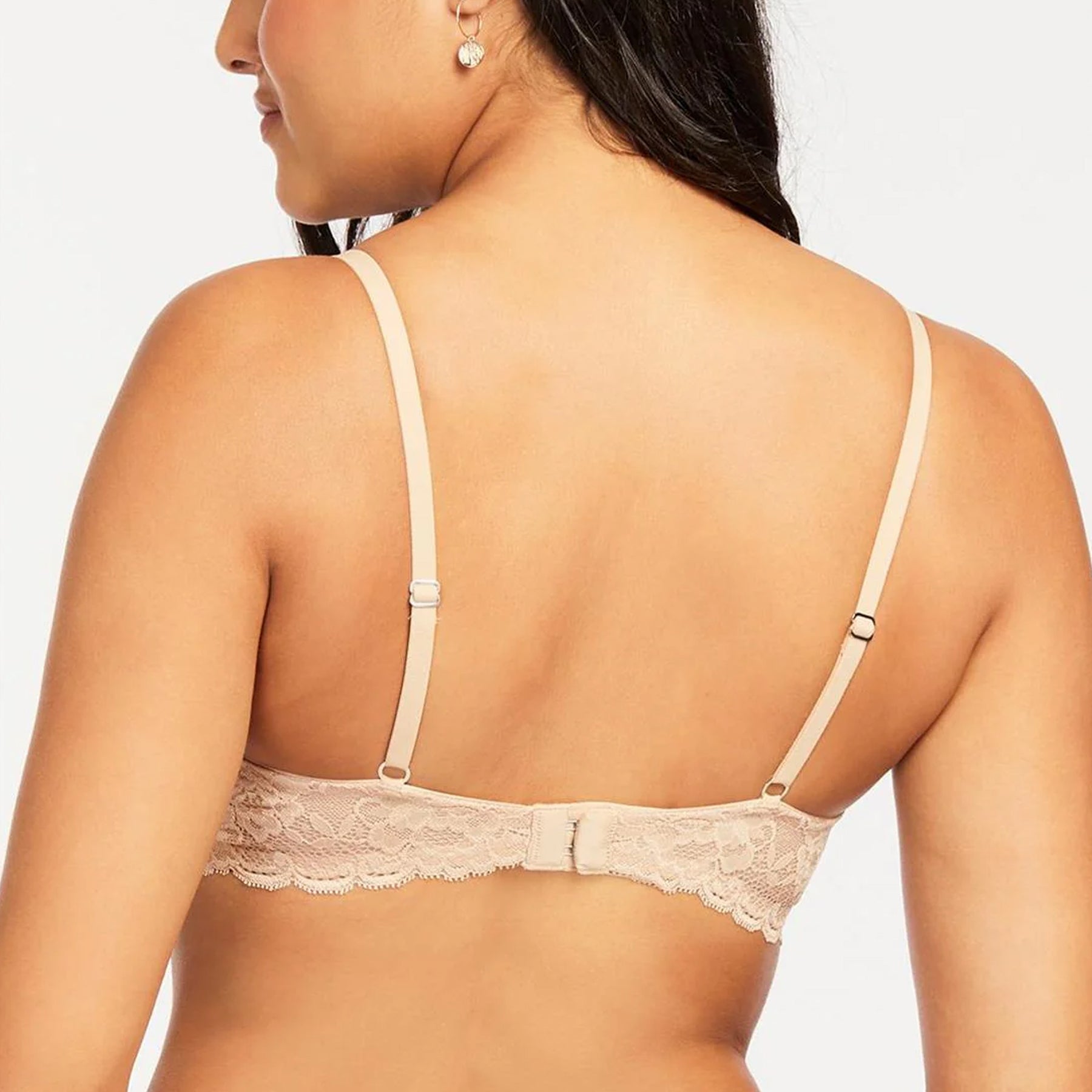 Back view of sand beige lace balconette bra with adjustable straps and lace band closure