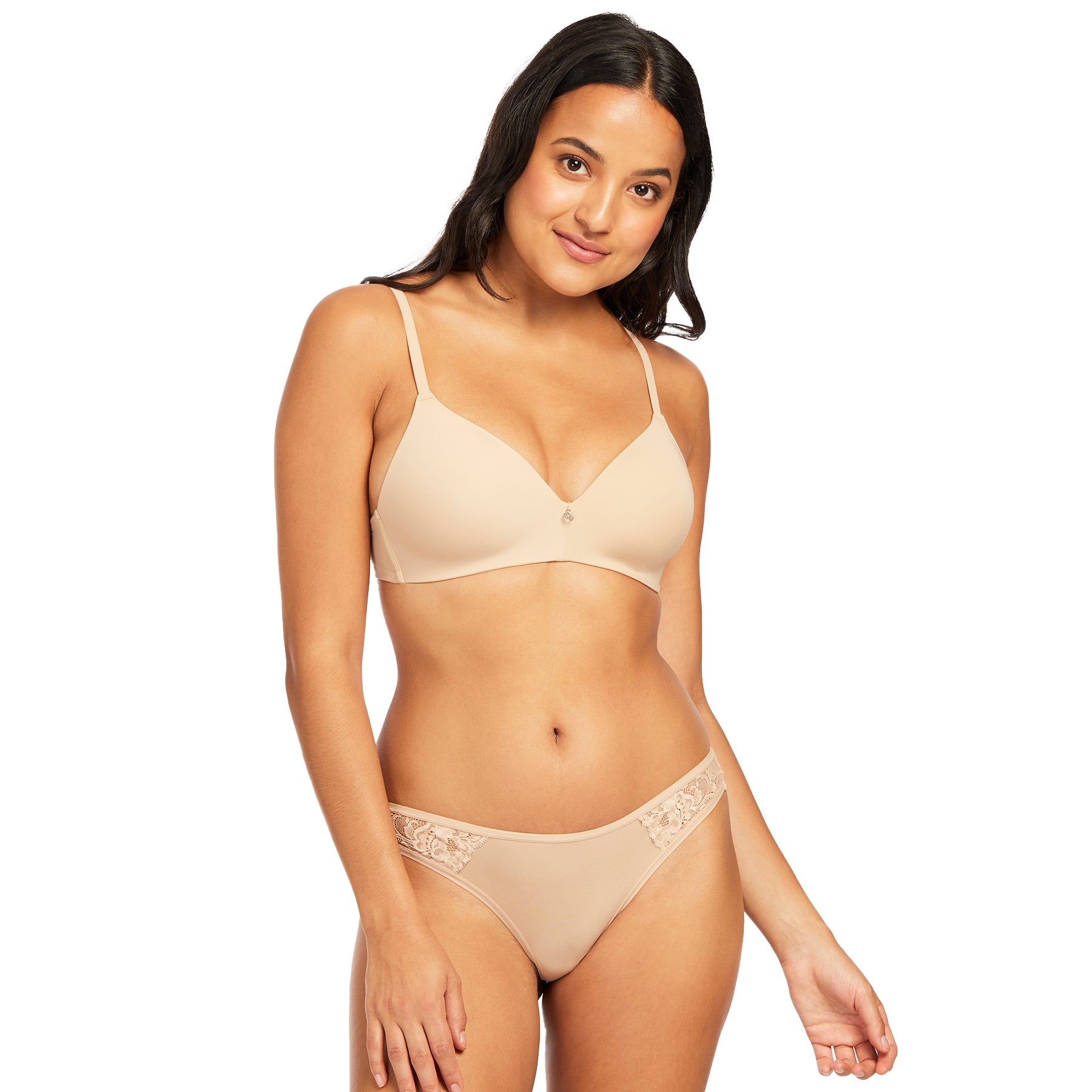Front view of a model wearing the sand wireless bra and matching brief, showing a smooth, natural fit on a white background.