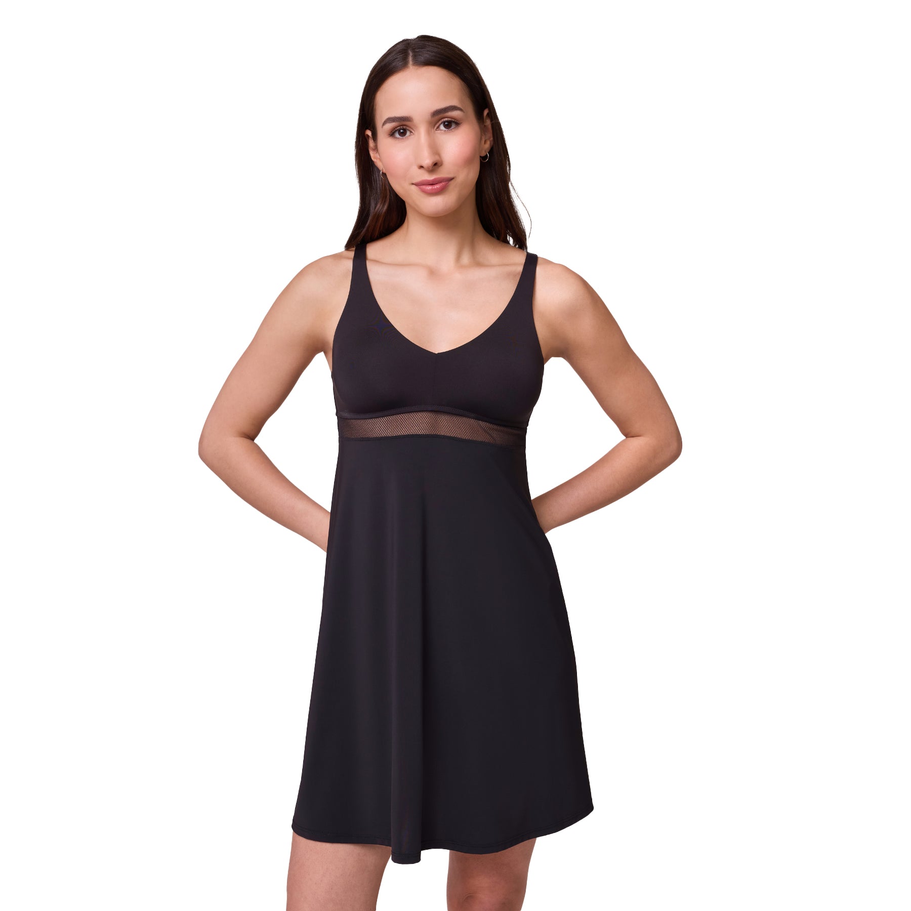 Black sleeveless chemise front view on white background featuring sheer mesh band under the bust and soft draped silhouette.