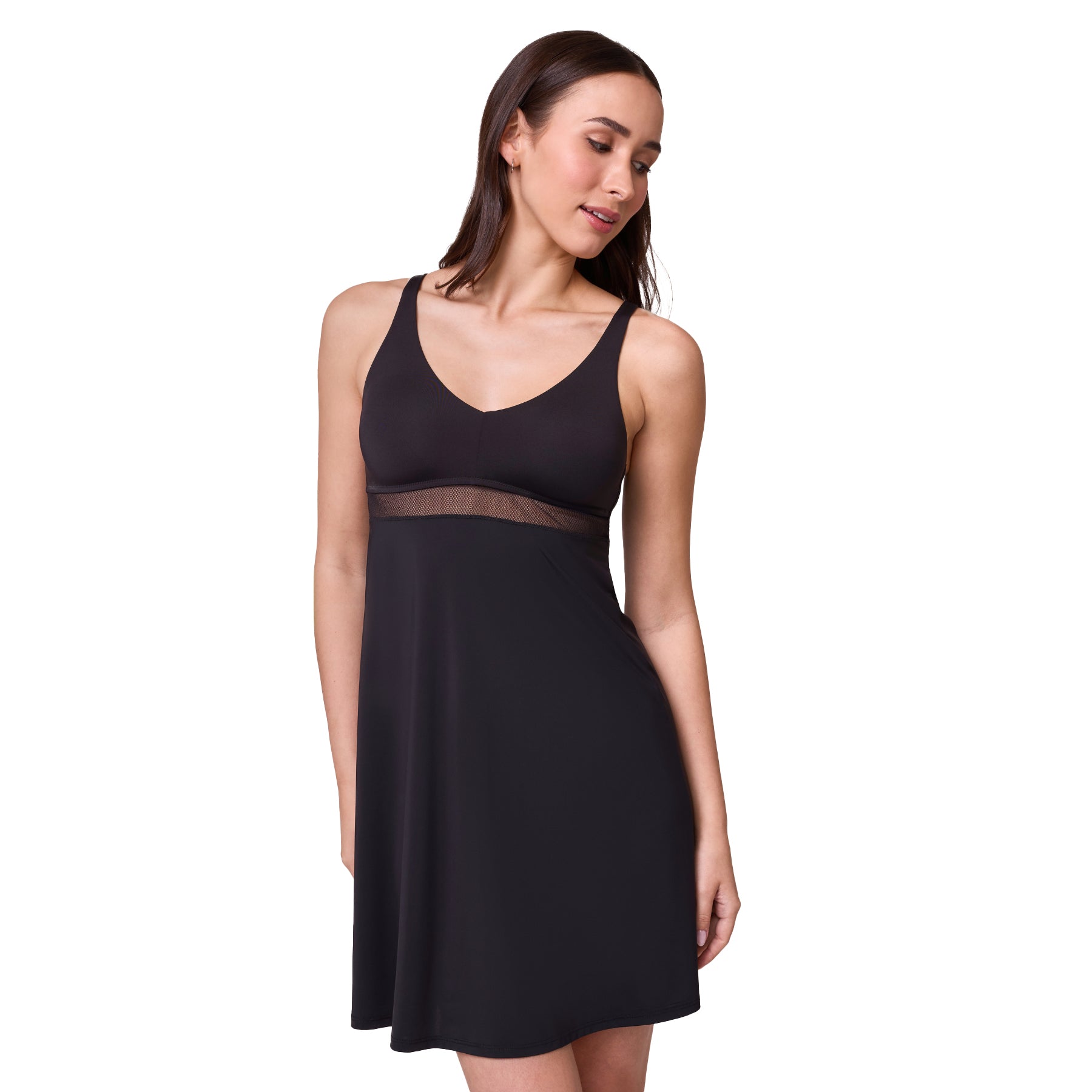 Black A-line nightdress angled front view with mesh detail at the underbust and smooth, fluid fabric.