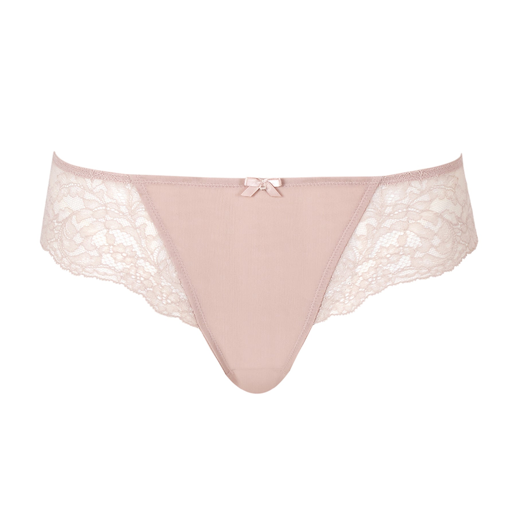 Nude Brazilian brief with lace sides and satin bow detail on white background.